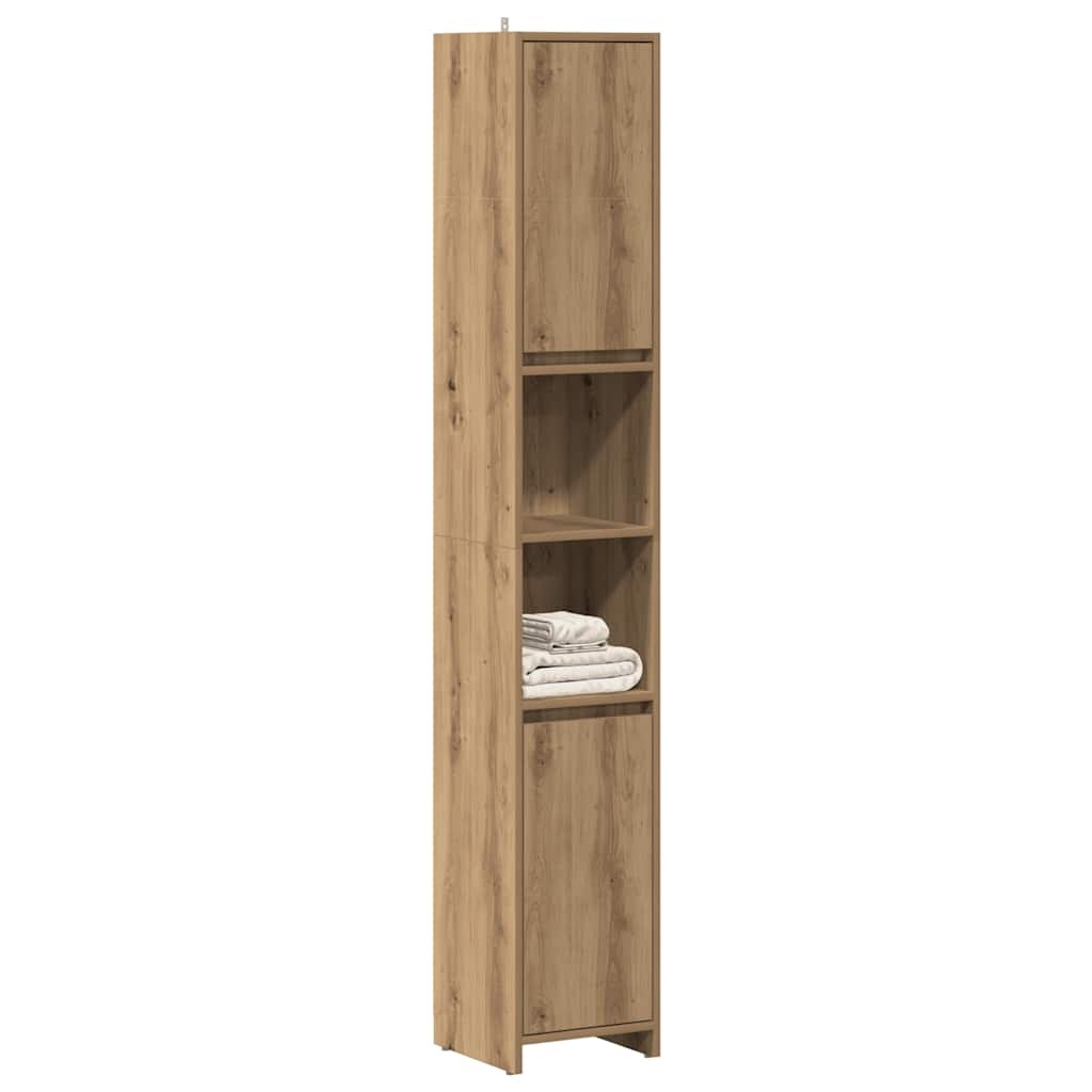 Badkamerkast Hout met 6 Vakken en Deuren - 30x30x183,5 cm - Artisanaal Eiken - 35% Korting
