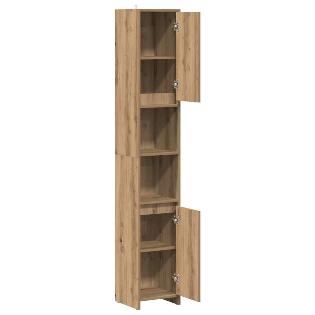 Badkamerkast Hout met 6 Vakken en Deuren - 30x30x183,5 cm - Artisanaal Eiken - 35% Korting