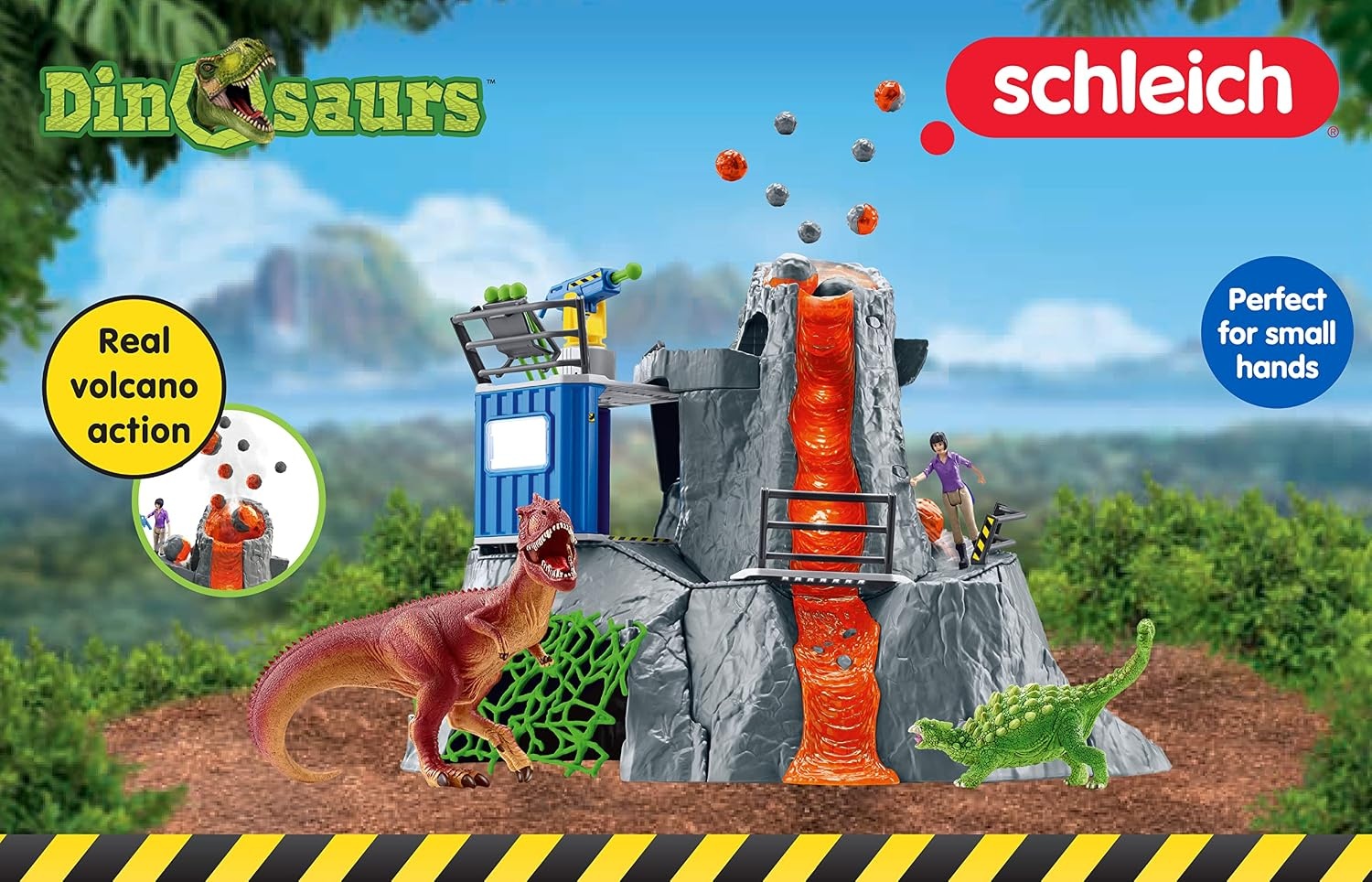 Schleich 42564 DINOSAURS Grote vulkaanexpeditie, dinosaurus-speelgoedset incl. vulkaan met LED-licht & uitbarstfunctie, onderzoeksfiguur & 2 dinosaurusfiguren, aanbevolen leeftijd: 5-12 jaar