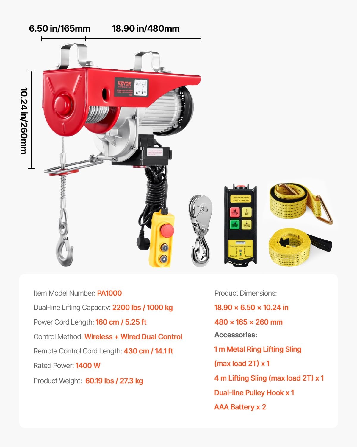 VEVOR Elektrische hendel, dubbele kabel, max. belasting 1000 kg, kabelafstandsbediening 4,2 m, hoogte enkele kabel 12 m, katrol noodstop, krik voor garage, magazijn, fabriek
