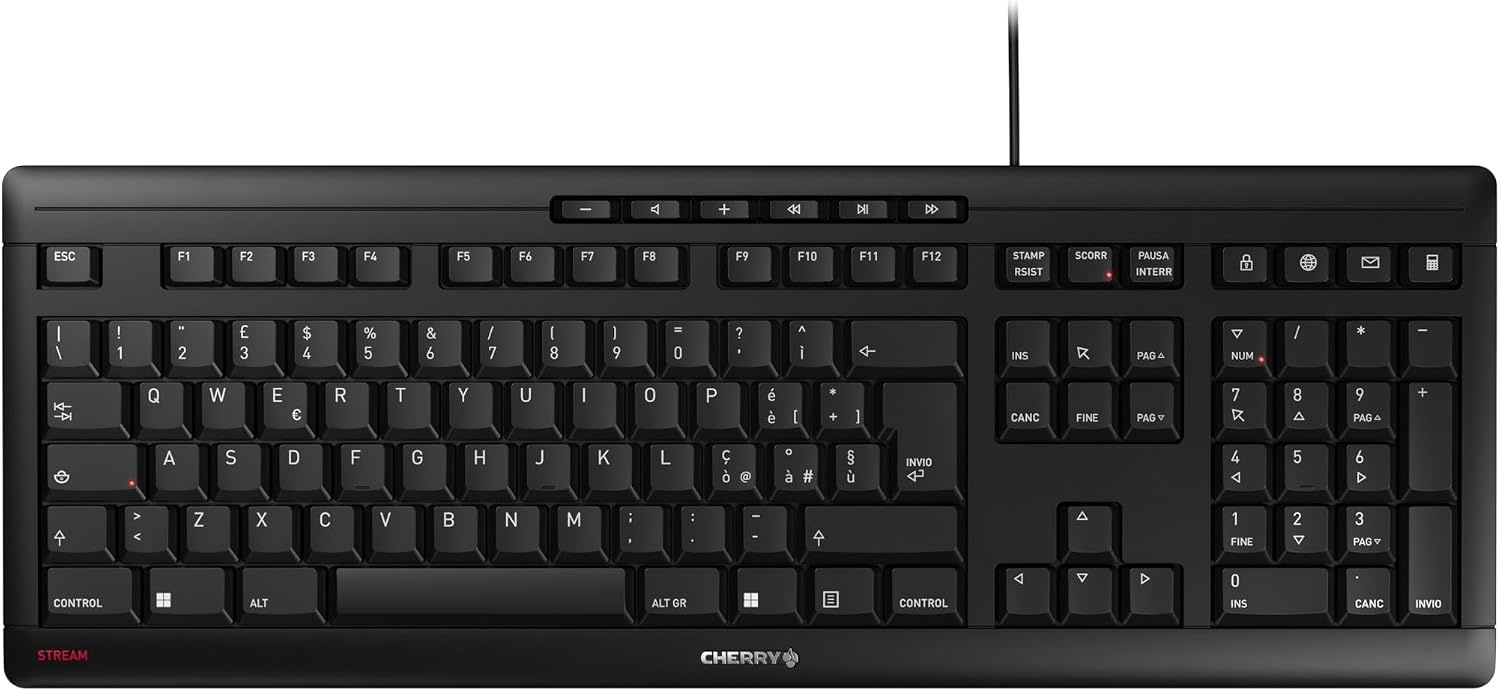 CHERRY STREAM KEYBOARD, Bedraad Toetsenbord, Italiaanse Indeling (QWERTY), Fluisterstille Toetsaanslag, Uniek Typgevoel, Plat Ontwerp, USB-A Verbinding, Zwart