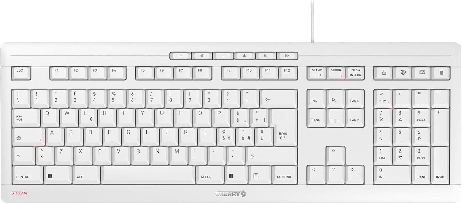 CHERRY STREAM KEYBOARD, Bedraad Toetsenbord, Italiaanse Indeling (QWERTY), Fluisterstille Toetsaanslag, Uniek Typgevoel, Plat Ontwerp, USB-A Verbinding, Zwart