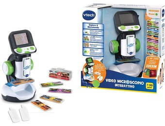 VTech Interactieve videomicroscoop, digitale kindermicroscoop met originele video, 2,4-inch scherm, 200-voudige zoom, 9 geïllustreerde glazen, microSD-sleuf, Italiaanse taal, batterijen inbegrepen,