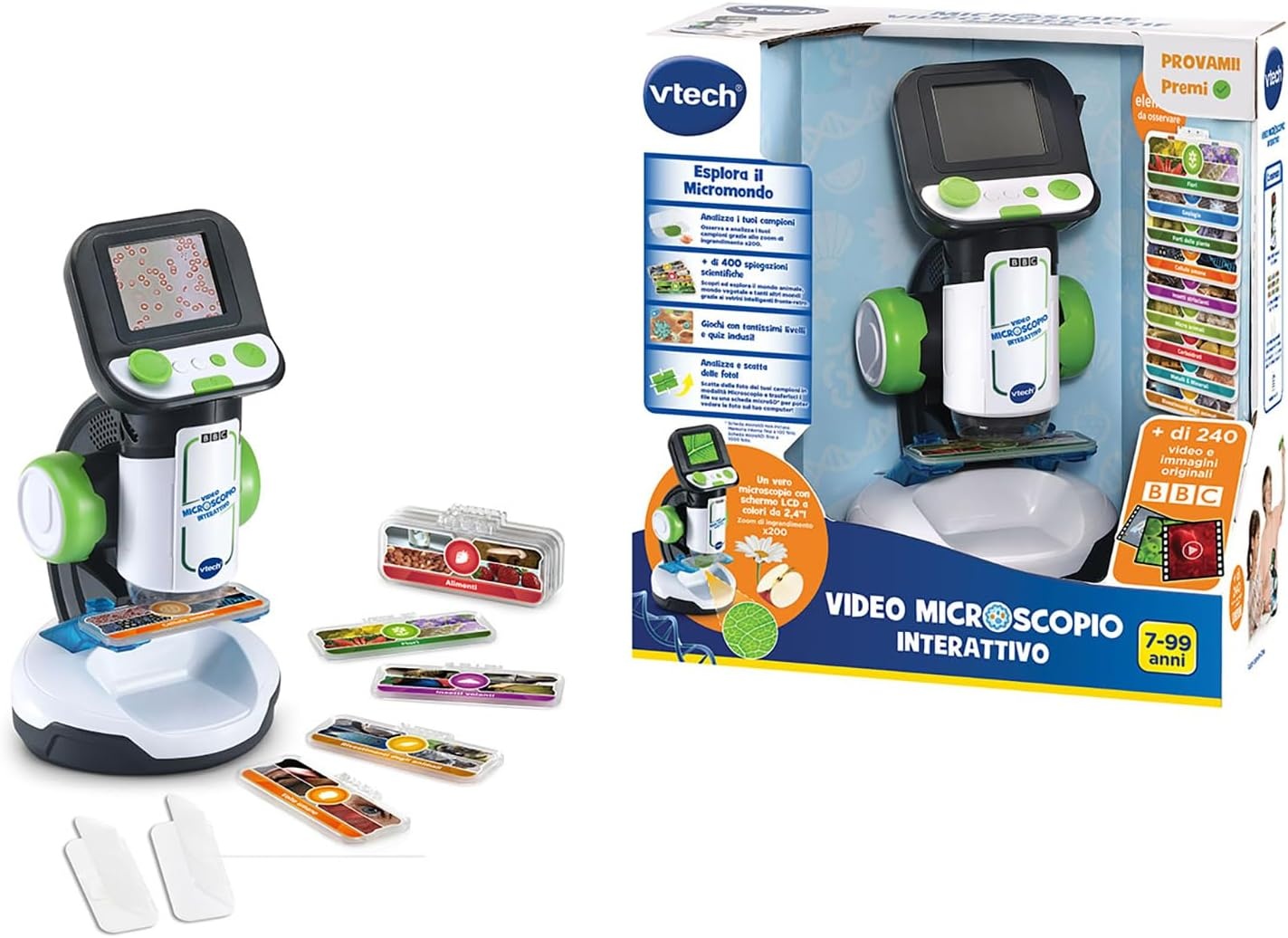 VTech Interactieve videomicroscoop, digitale kindermicroscoop met originele video, 2,4-inch scherm, 200-voudige zoom, 9 geïllustreerde glazen, microSD-sleuf, Italiaanse taal, batterijen inbegrepen,