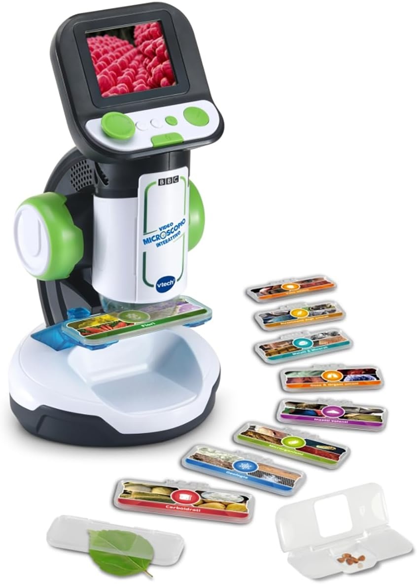 VTech Interactieve videomicroscoop, digitale kindermicroscoop met originele video, 2,4-inch scherm, 200-voudige zoom, 9 geïllustreerde glazen, microSD-sleuf, Italiaanse taal, batterijen inbegrepen,