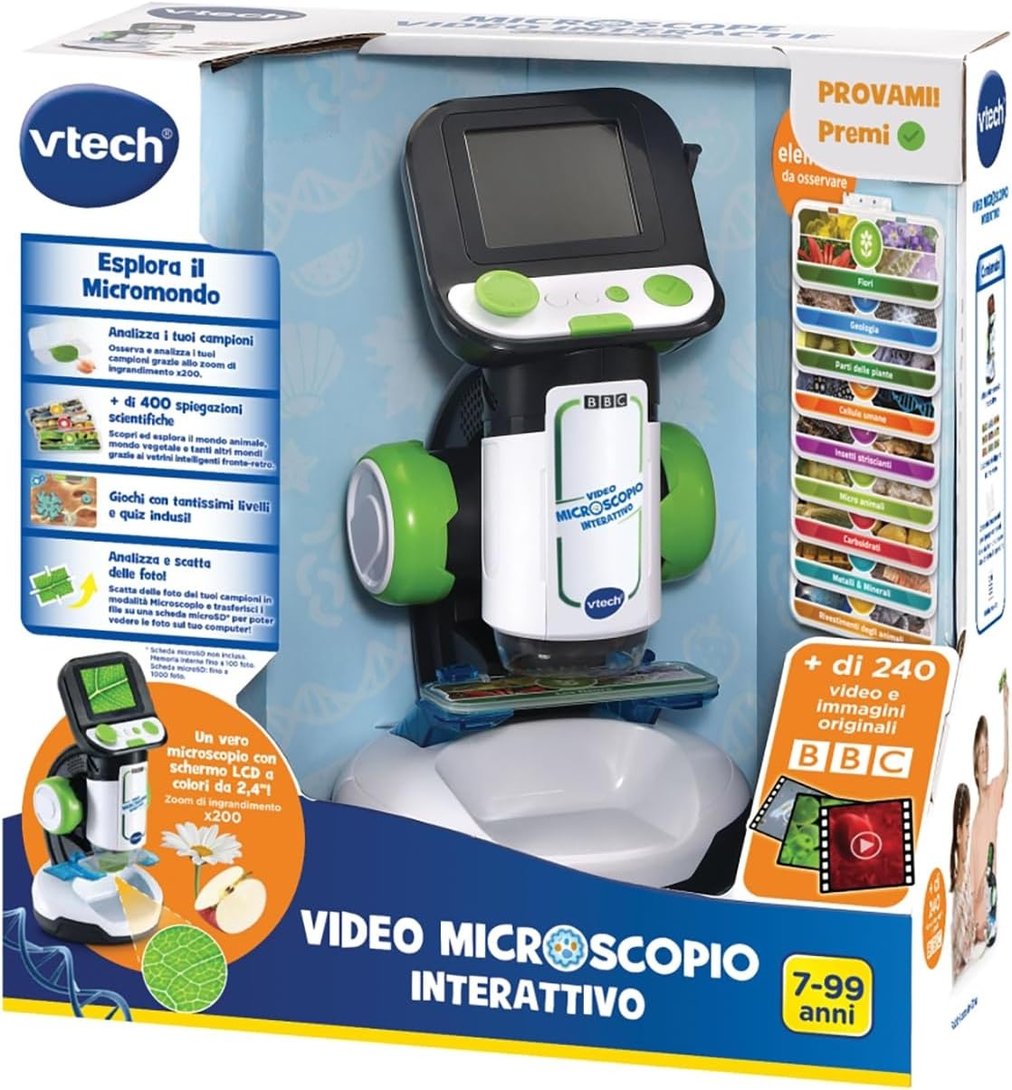 VTech Interactieve videomicroscoop, digitale kindermicroscoop met originele video, 2,4-inch scherm, 200-voudige zoom, 9 geïllustreerde glazen, microSD-sleuf, Italiaanse taal, batterijen inbegrepen,