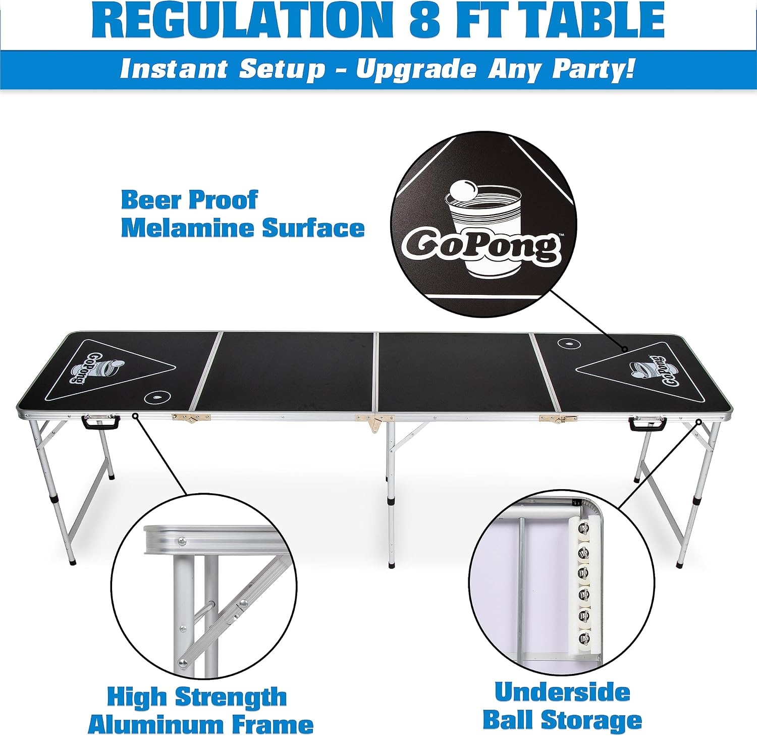 GoPong 8 voet draagbare bierpong/achterkleptafels (zwart, voetbal, Amerikaanse vlag of aangepaste droog wissen)