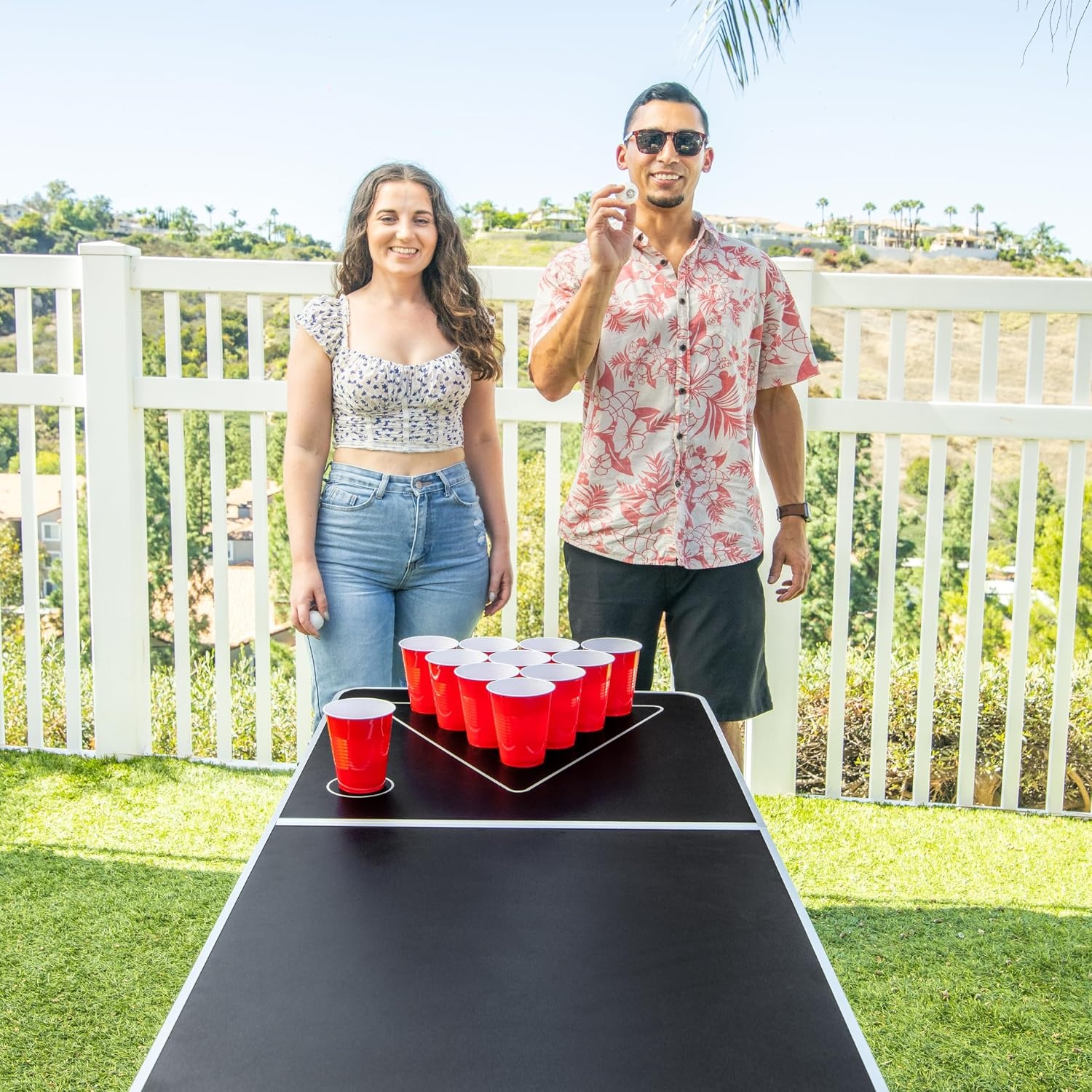 GoPong 8 voet draagbare bierpong/achterkleptafels (zwart, voetbal, Amerikaanse vlag of aangepaste droog wissen)