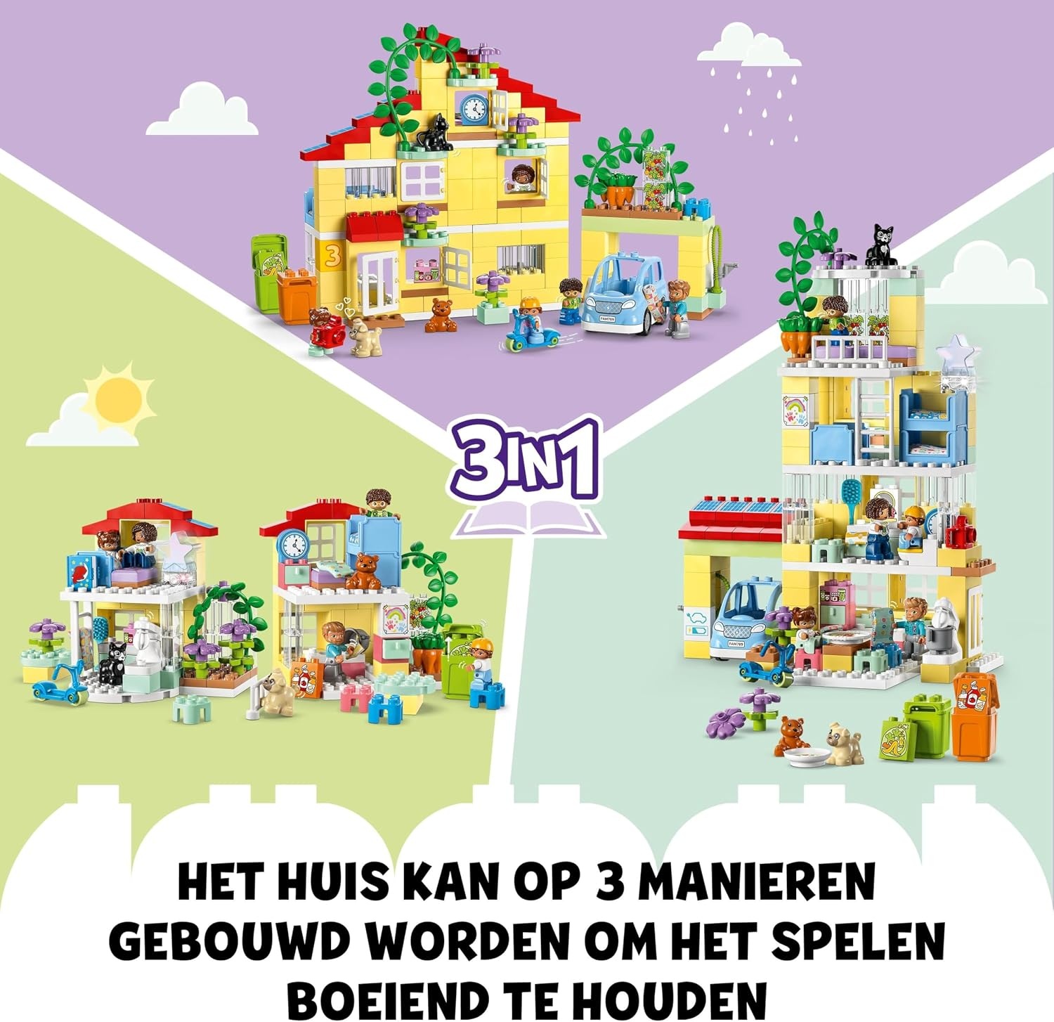 LEGO DUPLO Town 3in1 Familiehuis, met Stenen Gebouwd Poppenhuis voor Meisjes en Jongens met 5 Poppetjes, 2 Speelgoed Dieren en een Lichtgevende Lamp, Speelhuis Cadeau voor Peuters van 3+ jaar 10994