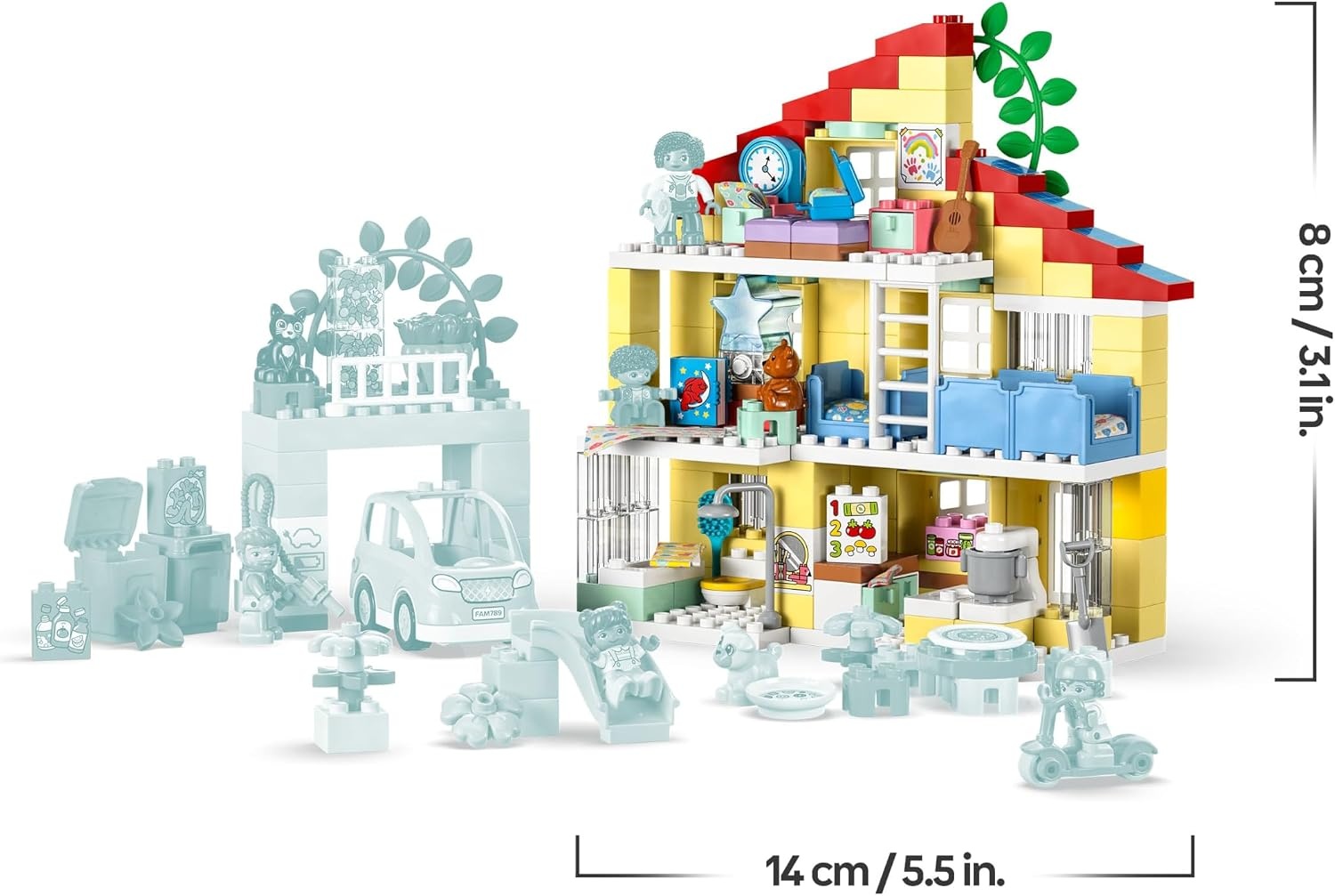 LEGO DUPLO Town 3in1 Familiehuis, met Stenen Gebouwd Poppenhuis voor Meisjes en Jongens met 5 Poppetjes, 2 Speelgoed Dieren en een Lichtgevende Lamp, Speelhuis Cadeau voor Peuters van 3+ jaar 10994