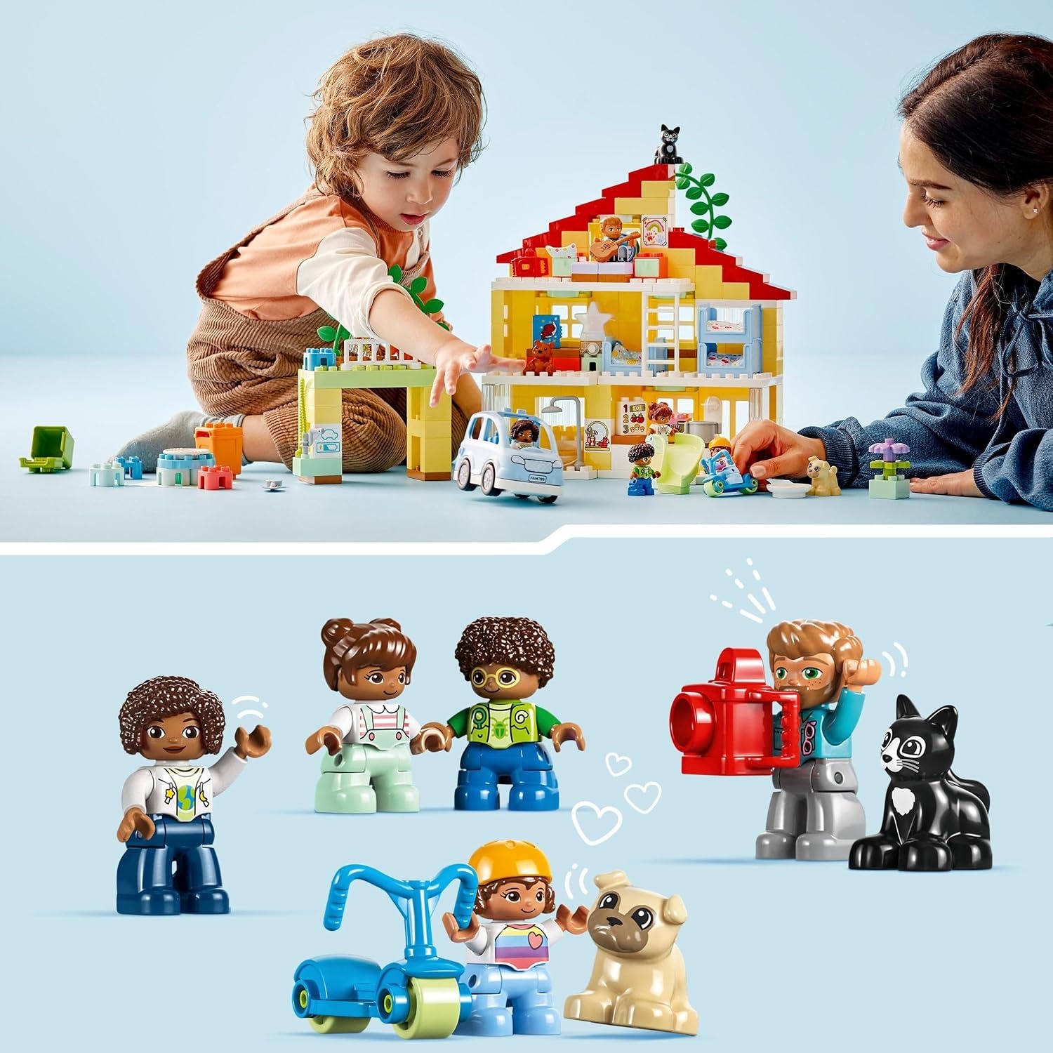 LEGO DUPLO Town 3in1 Familiehuis, met Stenen Gebouwd Poppenhuis voor Meisjes en Jongens met 5 Poppetjes, 2 Speelgoed Dieren en een Lichtgevende Lamp, Speelhuis Cadeau voor Peuters van 3+ jaar 10994