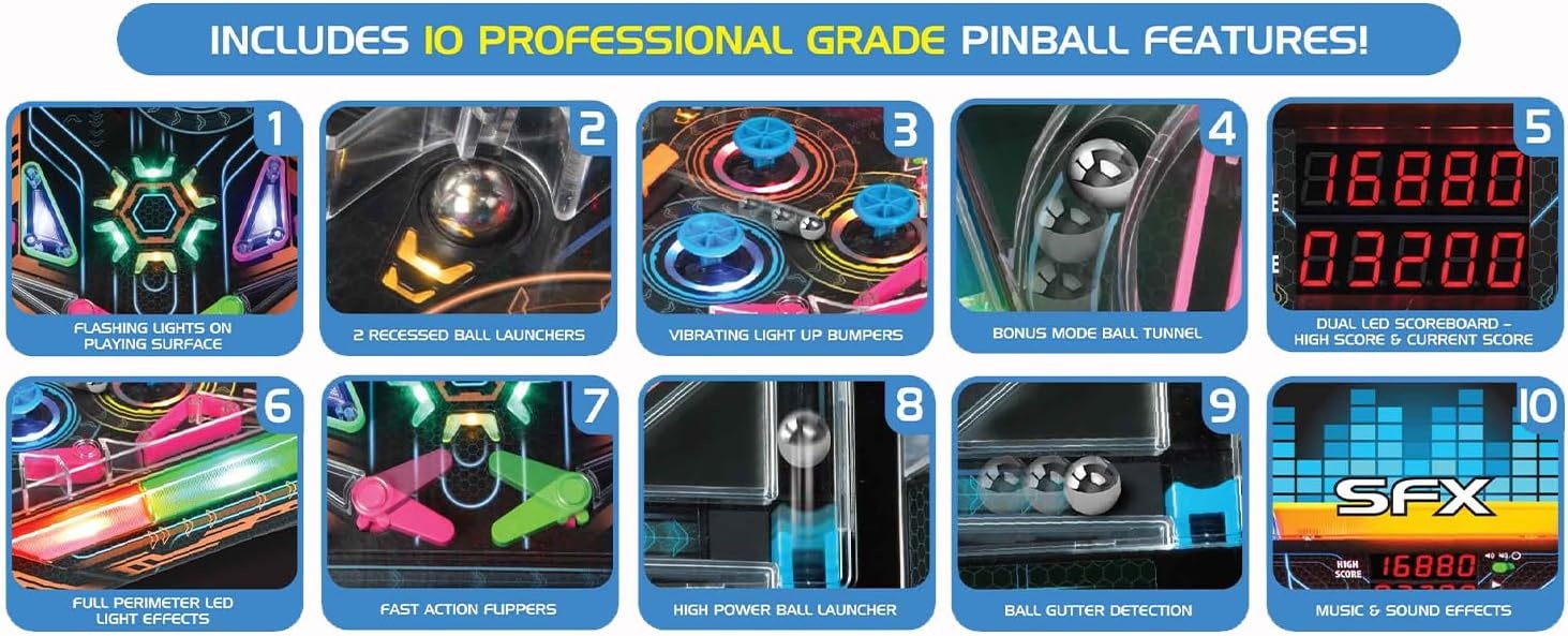Merchant Ambassador Electronic Arcade Pro Pinball - Licht en geluid tafelspel, dubbel LED-scorebord, 10 professionele functies, volwassenen kinderen vanaf 6 jaar