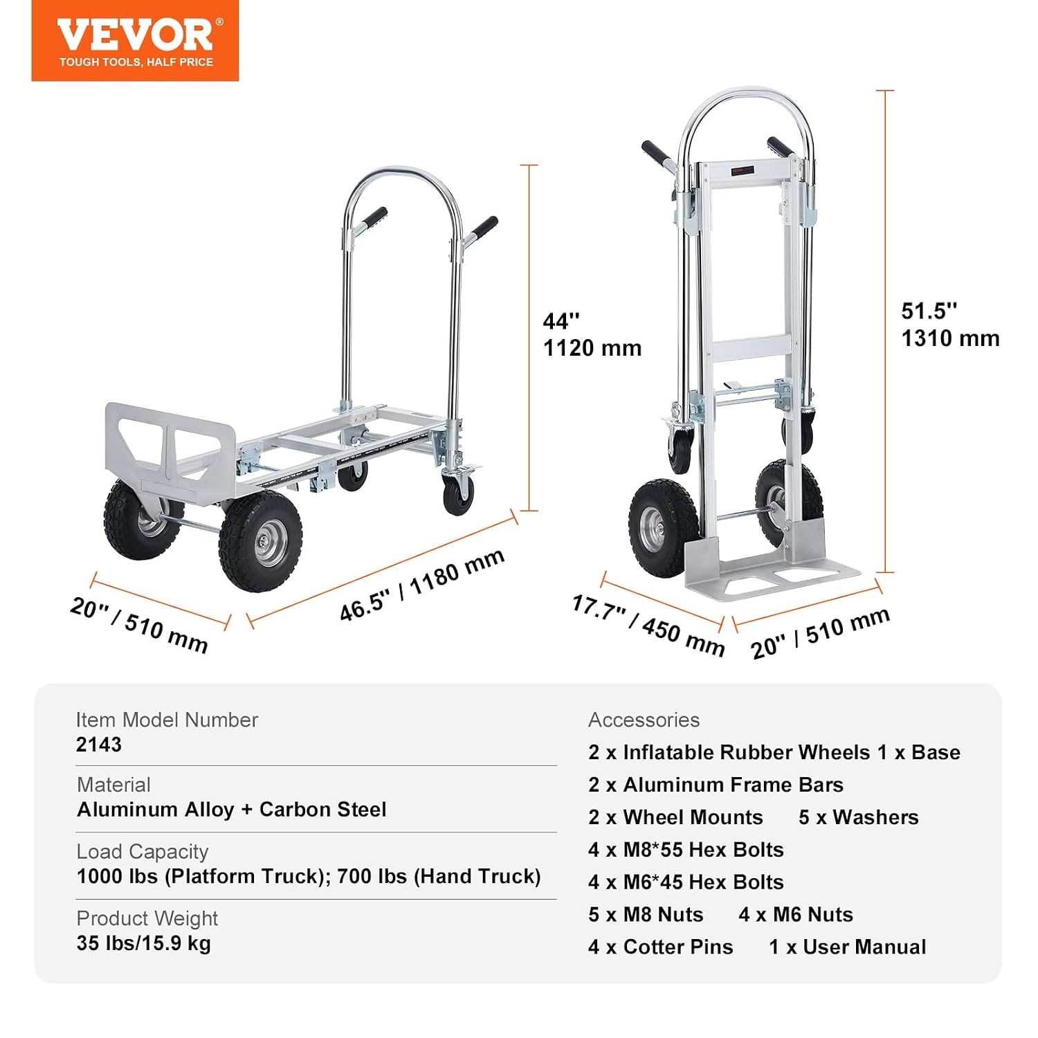 VEVOR 2-in-1 Sackkarre Klappbar 318/454kg Tragfähigkeit Transportkarre Aluminiumlegierung & Kohlenstoffstahl Sackkarre ⇋ Plattformwagen Trolley für Lade- & Transportaufgaben im Innen- & Außenbereich