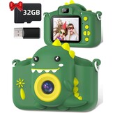 Gofunly Kindercamera 1080P met 32GB SD-kaart - Dino-Groen