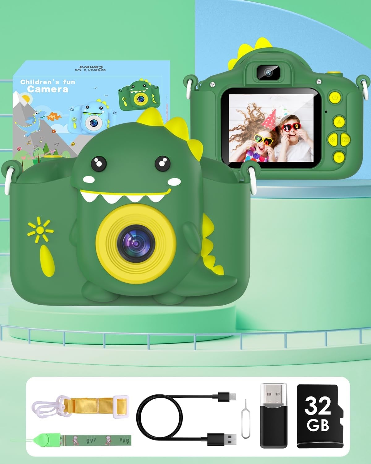 Gofunly Kindercamera 1080P met 32GB SD-kaart - Dino-Groen