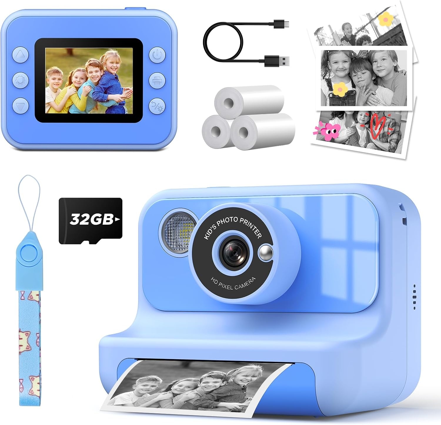 LETSHAHA Instant Print Camera voor Kids - Blauw - 2,4 inch scherm - Inclusief 32GB SD-kaart