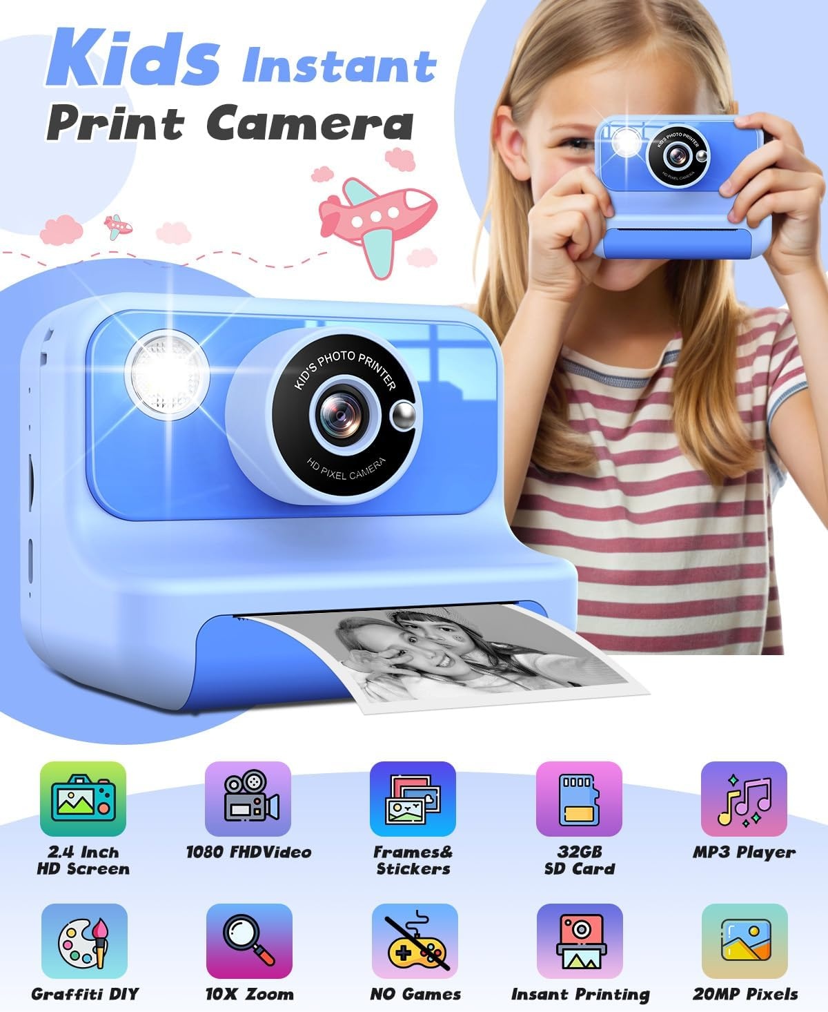 LETSHAHA Instant Print Camera voor Kids - Blauw - 2,4 inch scherm - Inclusief 32GB SD-kaart
