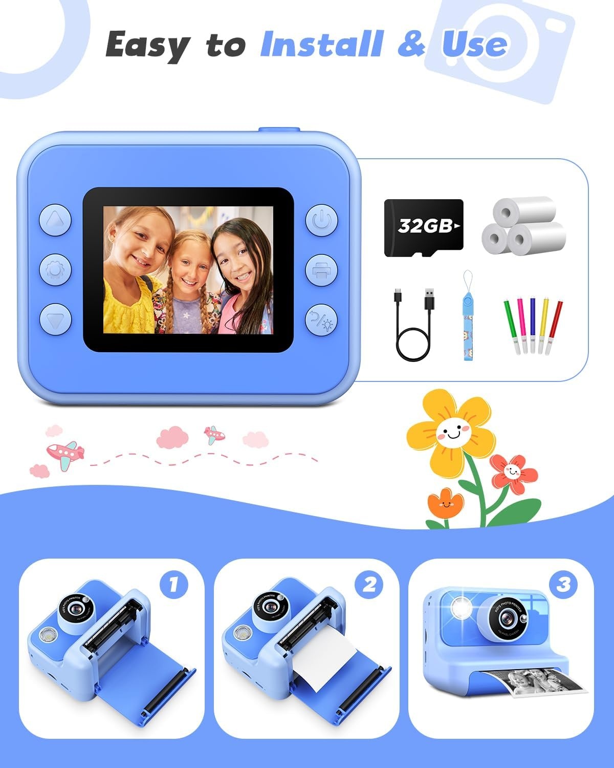 LETSHAHA Instant Print Camera voor Kids - Blauw - 2,4 inch scherm - Inclusief 32GB SD-kaart