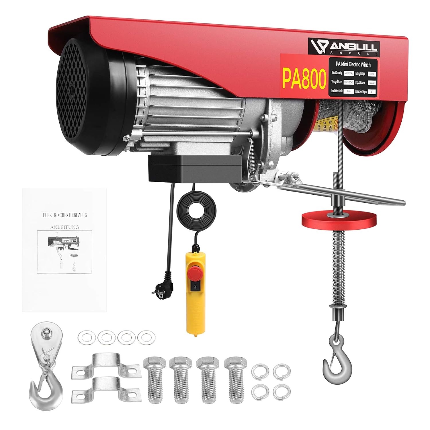 Anbull PA800 Elektrische kabellier, elektrische lier, 400 kg tot 800 kg elektrische motorlier, 220V/1450W, kabelafstandsbediening 12m heflier kabel, hoge veiligheid met noodstopschakelaar