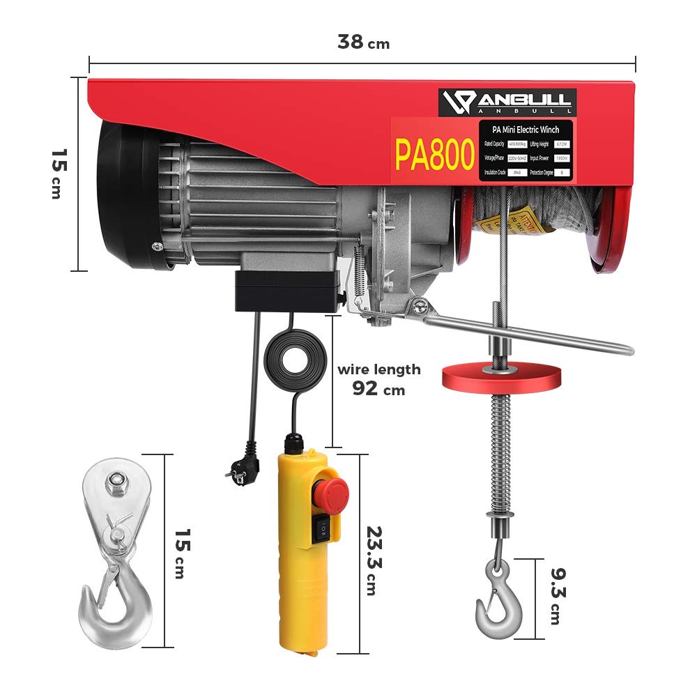 Anbull PA800 Elektrische kabellier, elektrische lier, 400 kg tot 800 kg elektrische motorlier, 220V/1450W, kabelafstandsbediening 12m heflier kabel, hoge veiligheid met noodstopschakelaar