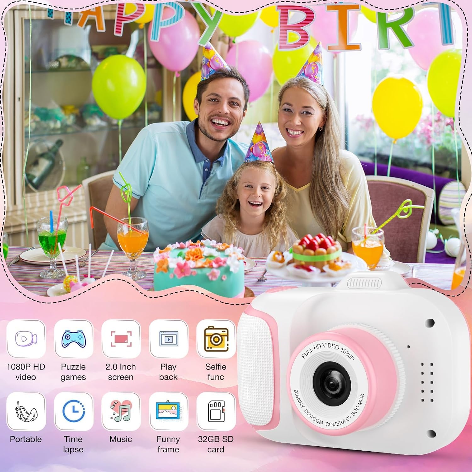 Etpark Kinder-Digitale Camera voor Meisjes 12 MP inclusief 32 GB SD-kaart - Roze