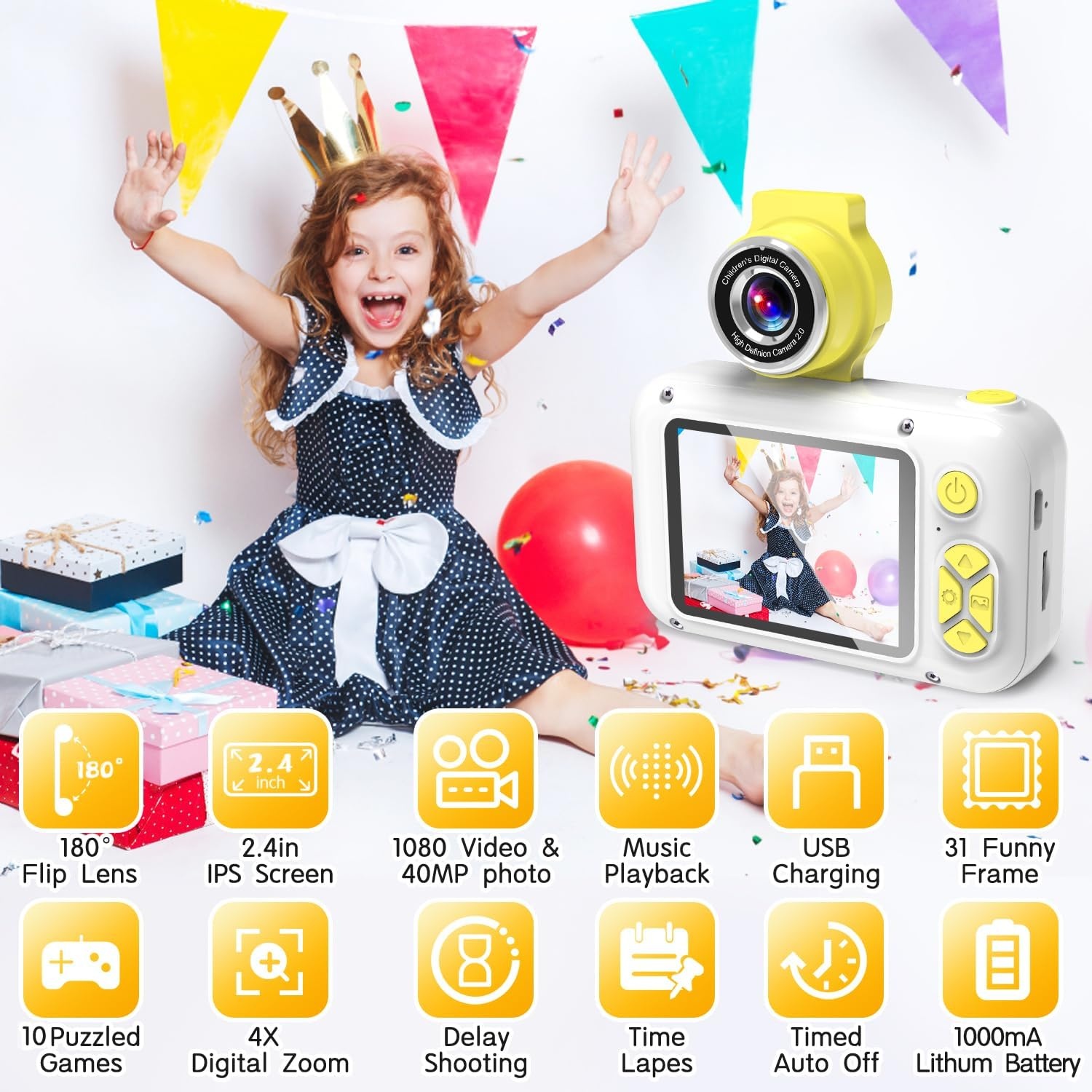 ARNSSIEN Kids Camera met 180°Draaibare Lens & 1080P HD,2,4" Groot Scherm | Digitale kindercamera voor Jongens en Meisjes van 3-12 Jaar,foto's/filmpjes,fotocamera voor kinderen Verjaardagscadeau,X101