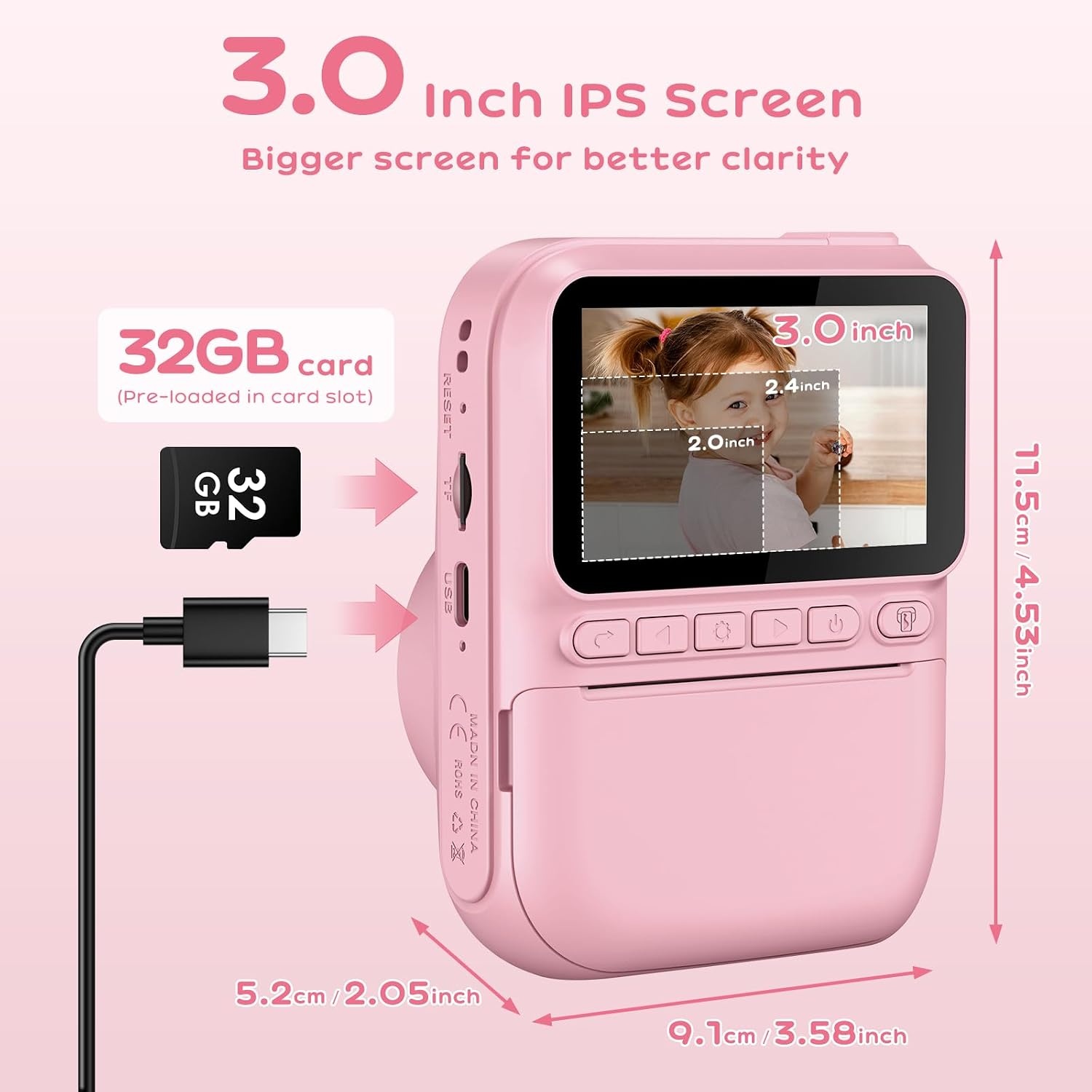 GREENKINDER Kids Instant Print Camera met 3 inch scherm - Roze