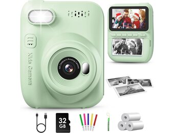 GREENKINDER Instant Kindercamera, 3.0" Groot Scherm Inclusief 32GB Kaart & 3 Rollen Printpapier, 1080P Selfie Digitale Camera voor Kinderen, Speelgoedcadeau voor Jongens en Meisjes van 3-12 Jaar