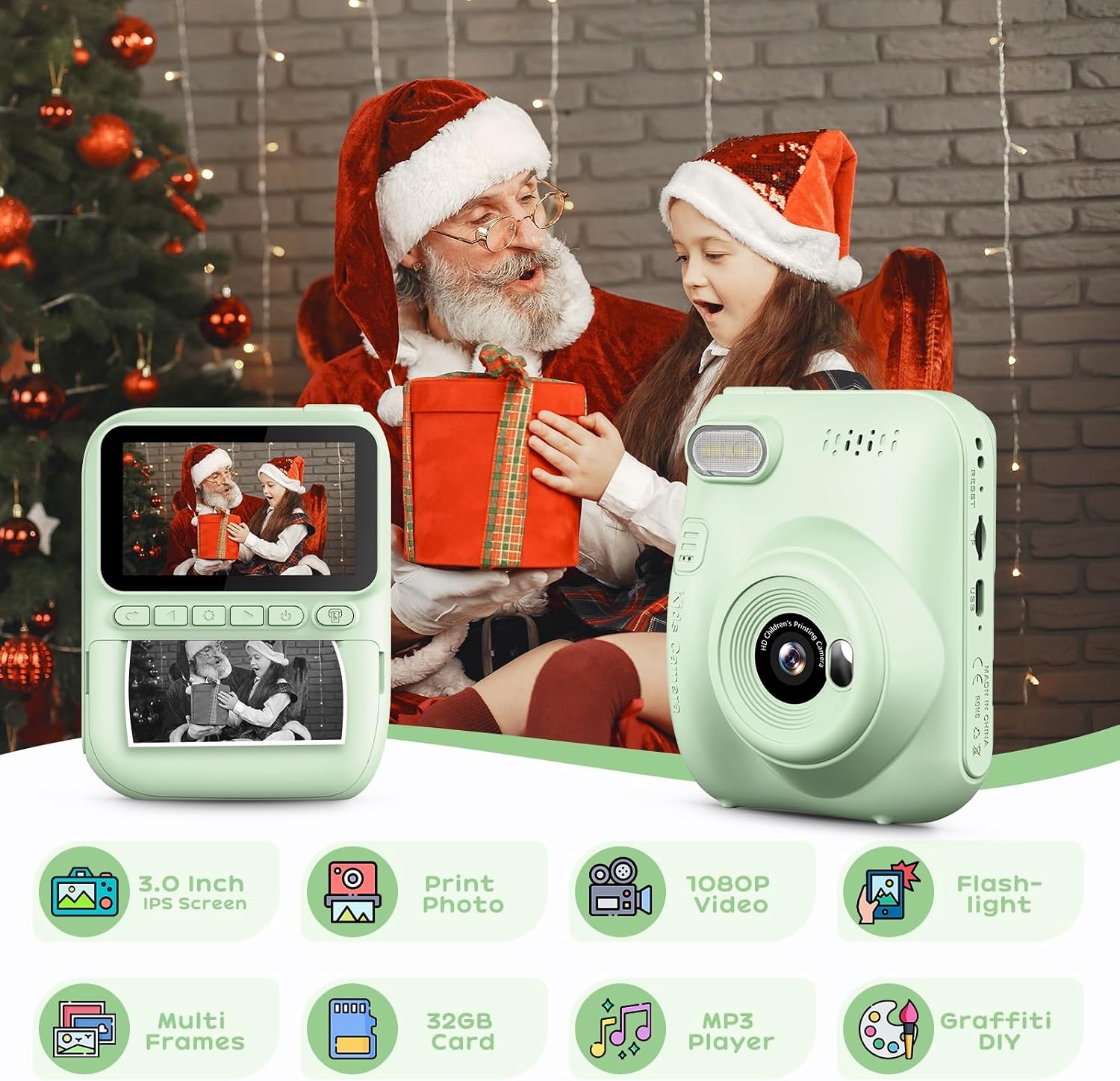 GREENKINDER Instant Kindercamera, 3.0" Groot Scherm Inclusief 32GB Kaart & 3 Rollen Printpapier, 1080P Selfie Digitale Camera voor Kinderen, Speelgoedcadeau voor Jongens en Meisjes van 3-12 Jaar