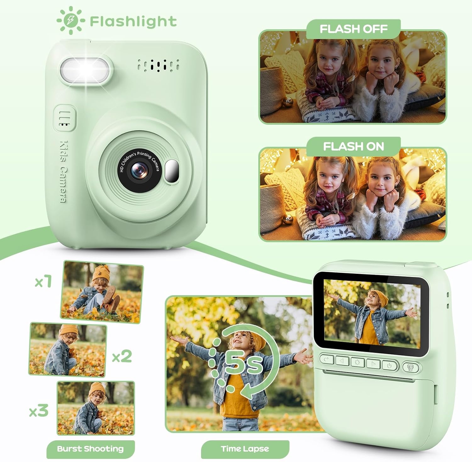 GREENKINDER Instant Kindercamera, 3.0" Groot Scherm Inclusief 32GB Kaart & 3 Rollen Printpapier, 1080P Selfie Digitale Camera voor Kinderen, Speelgoedcadeau voor Jongens en Meisjes van 3-12 Jaar