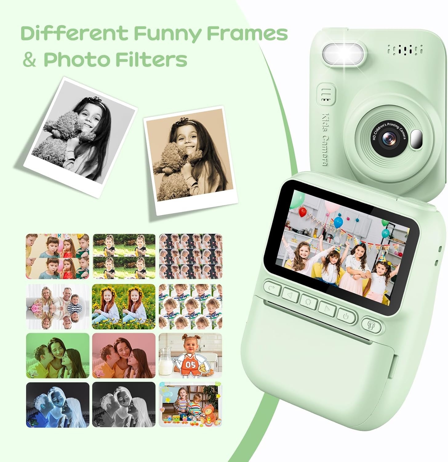 GREENKINDER Instant Kindercamera, 3.0" Groot Scherm Inclusief 32GB Kaart & 3 Rollen Printpapier, 1080P Selfie Digitale Camera voor Kinderen, Speelgoedcadeau voor Jongens en Meisjes van 3-12 Jaar