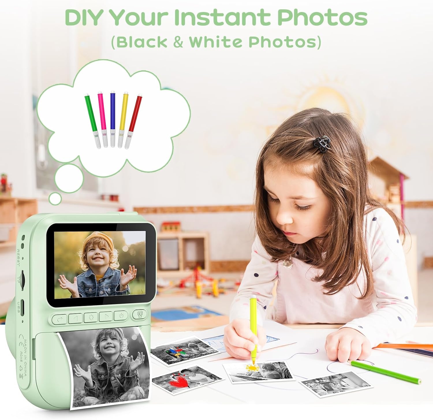 GREENKINDER Instant Kindercamera, 3.0" Groot Scherm Inclusief 32GB Kaart & 3 Rollen Printpapier, 1080P Selfie Digitale Camera voor Kinderen, Speelgoedcadeau voor Jongens en Meisjes van 3-12 Jaar