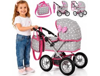 Kinderplay Poppenwagen met Grote Wieg - Grijs - In hoogte verstelbaar 33-63 cm