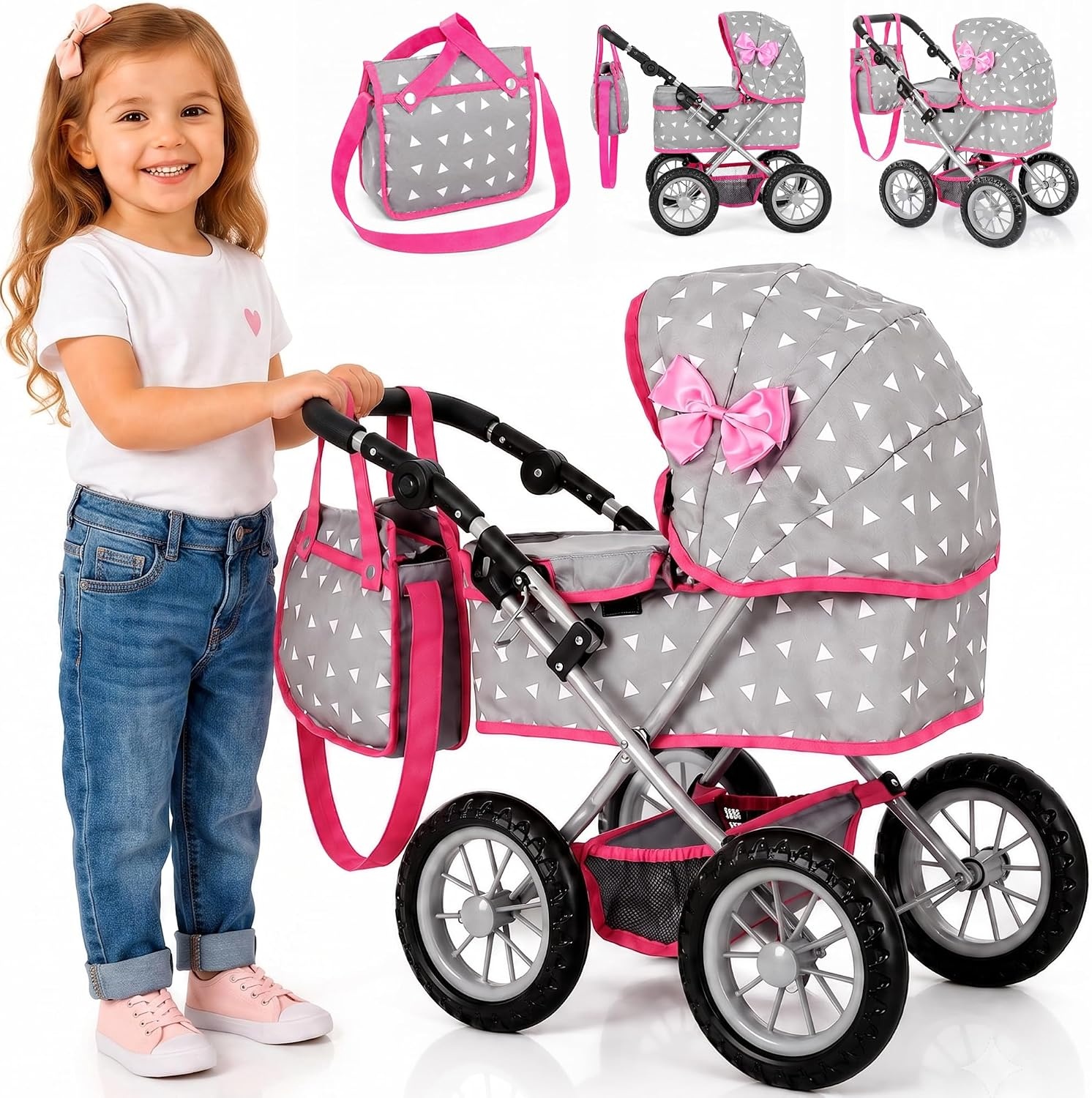 Kinderplay Poppenwagen met Grote Wieg - Grijs - In hoogte verstelbaar 33-63 cm