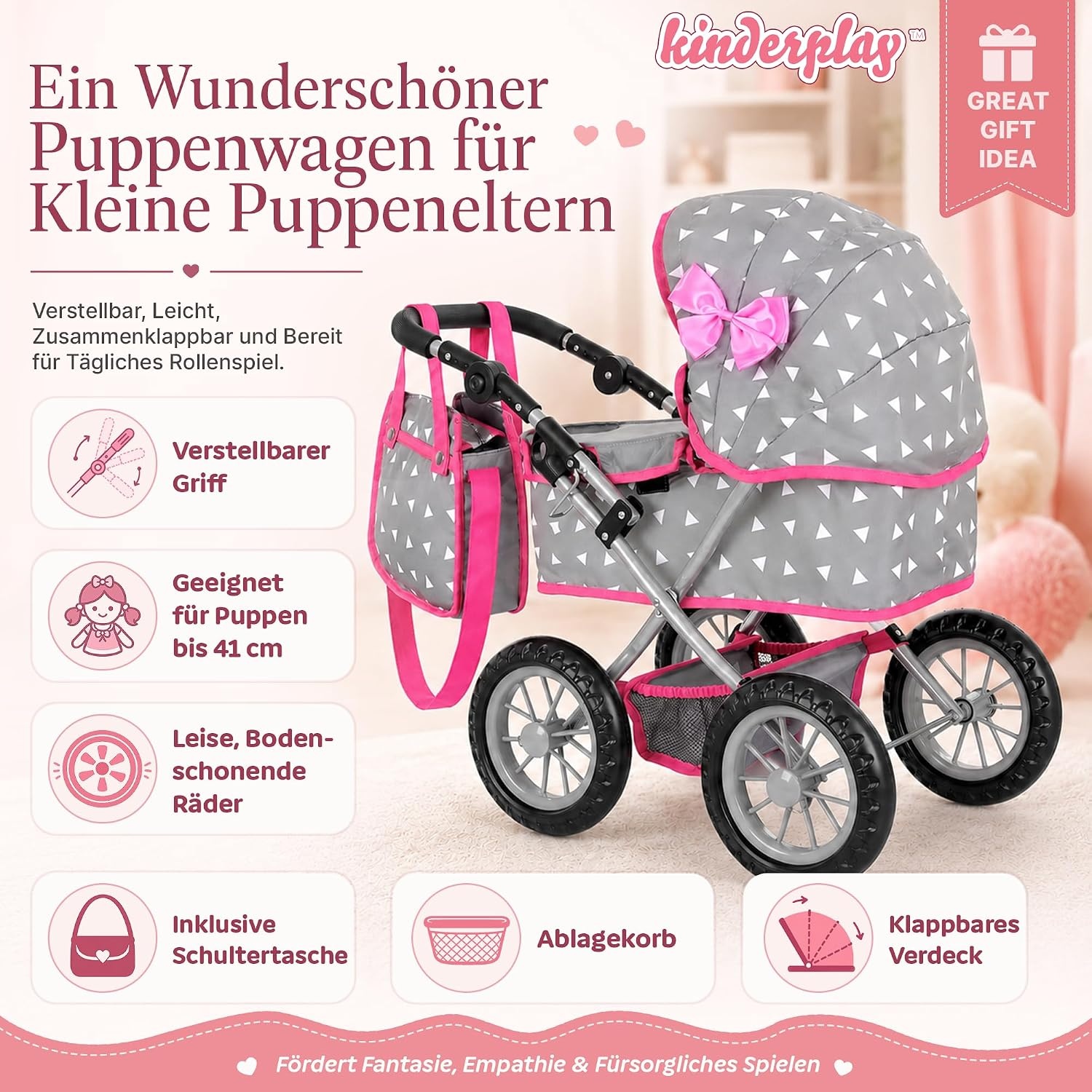 Kinderplay Poppenwagen met Grote Wieg - Grijs - In hoogte verstelbaar 33-63 cm