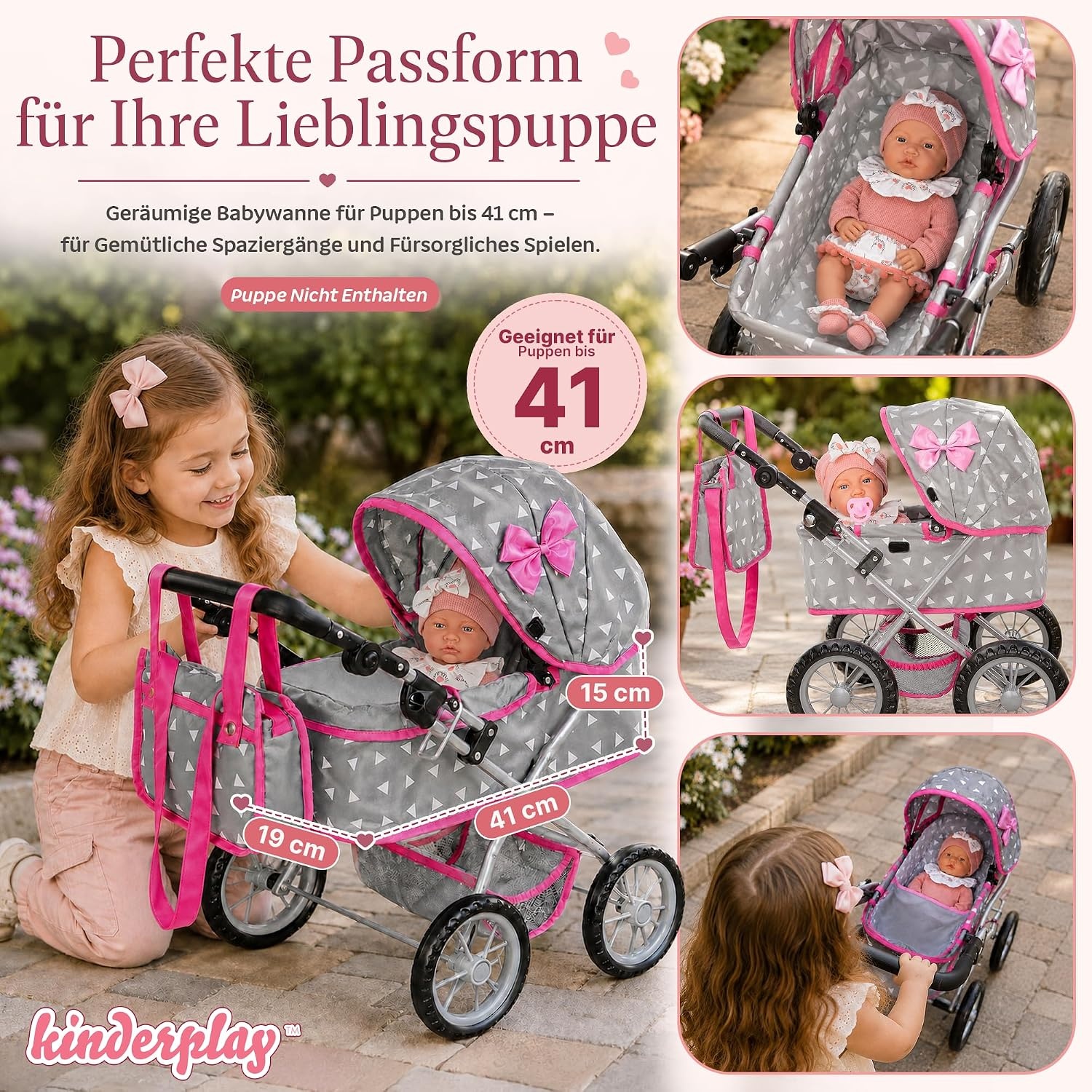 Kinderplay Poppenwagen met Grote Wieg - Grijs - In hoogte verstelbaar 33-63 cm