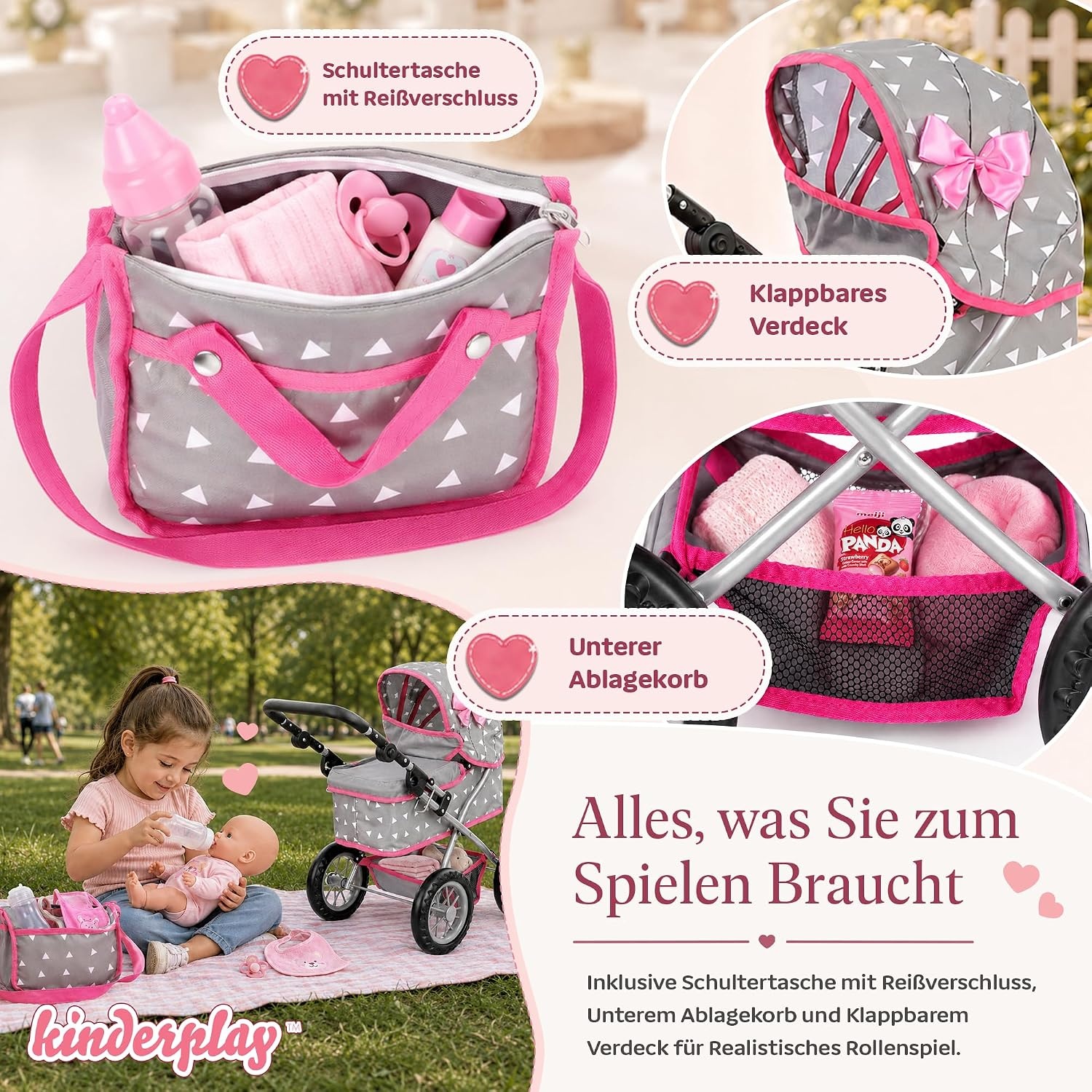 Kinderplay Poppenwagen met Grote Wieg - Grijs - In hoogte verstelbaar 33-63 cm
