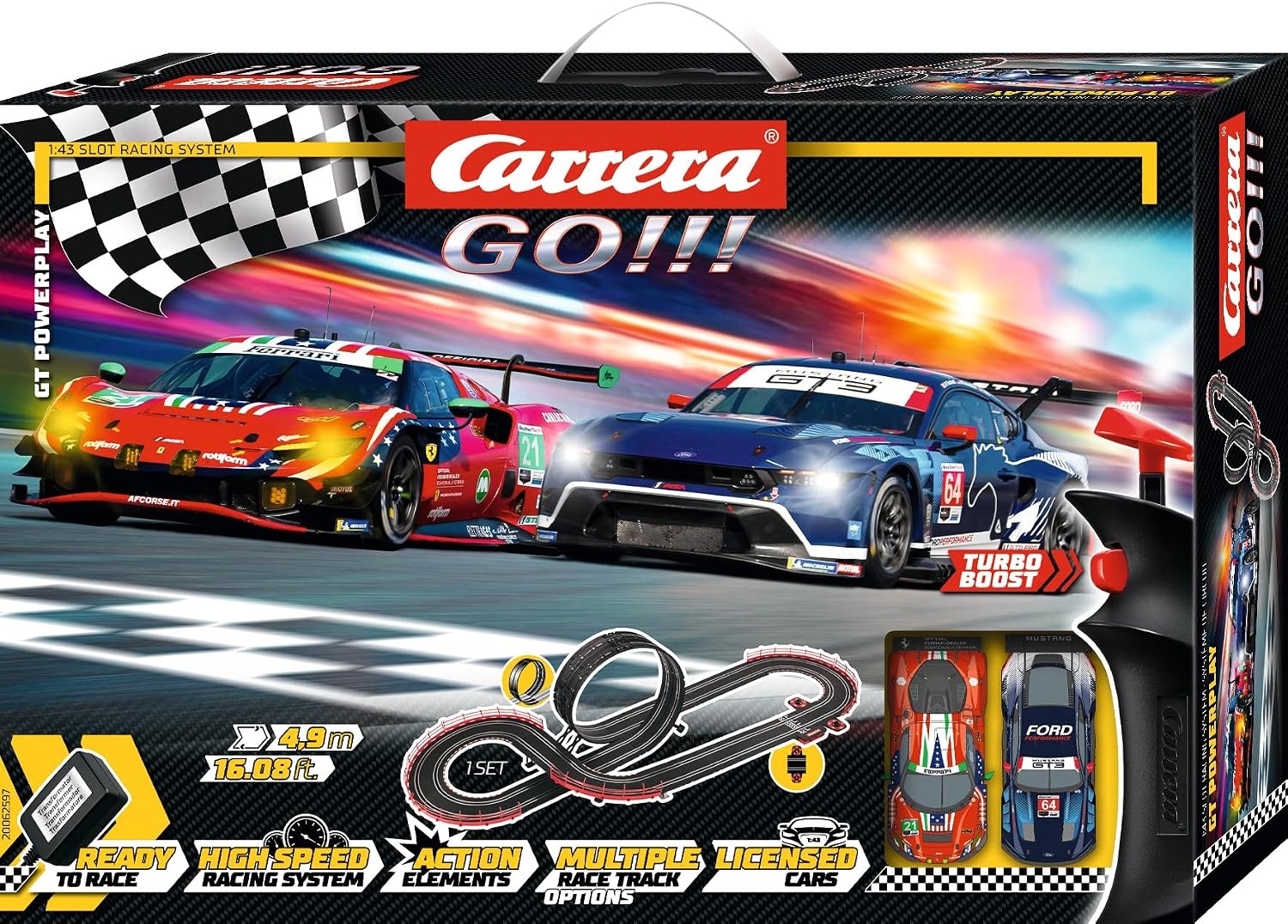 Carrera GO!!! GT Powerplay Autoracebaan met Ford Mustang en Ferrari 296 GT3 - 4,9 meter