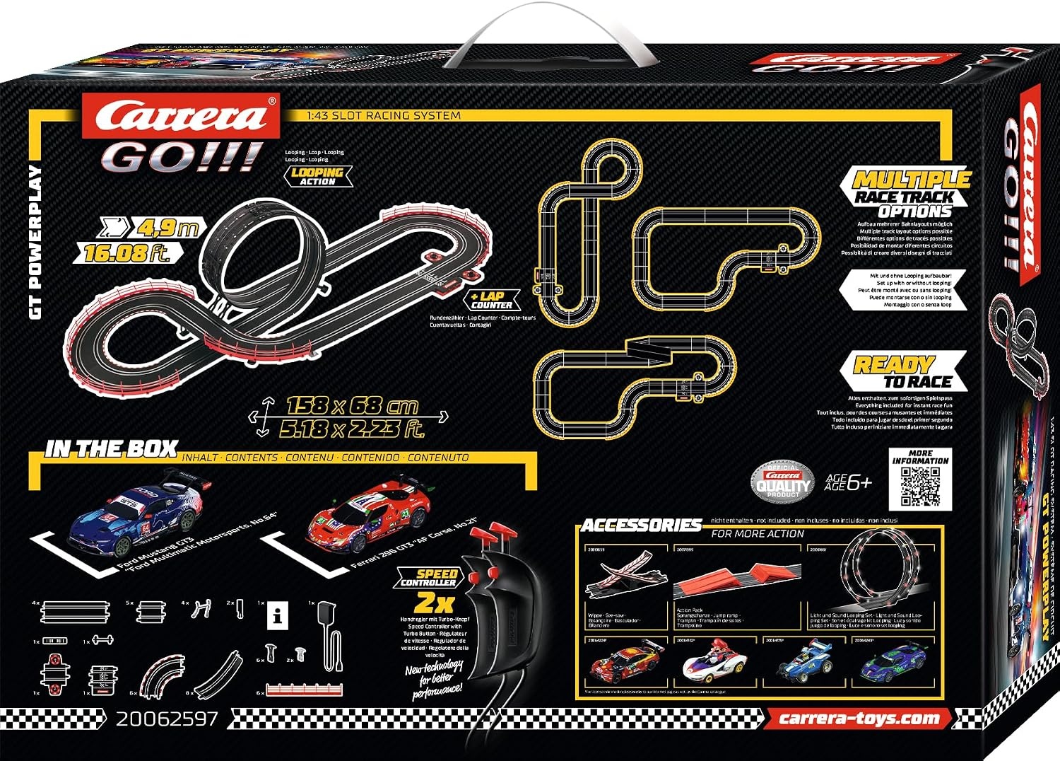 Carrera GO!!! GT Powerplay Autoracebaan met Ford Mustang en Ferrari 296 GT3 - 4,9 meter