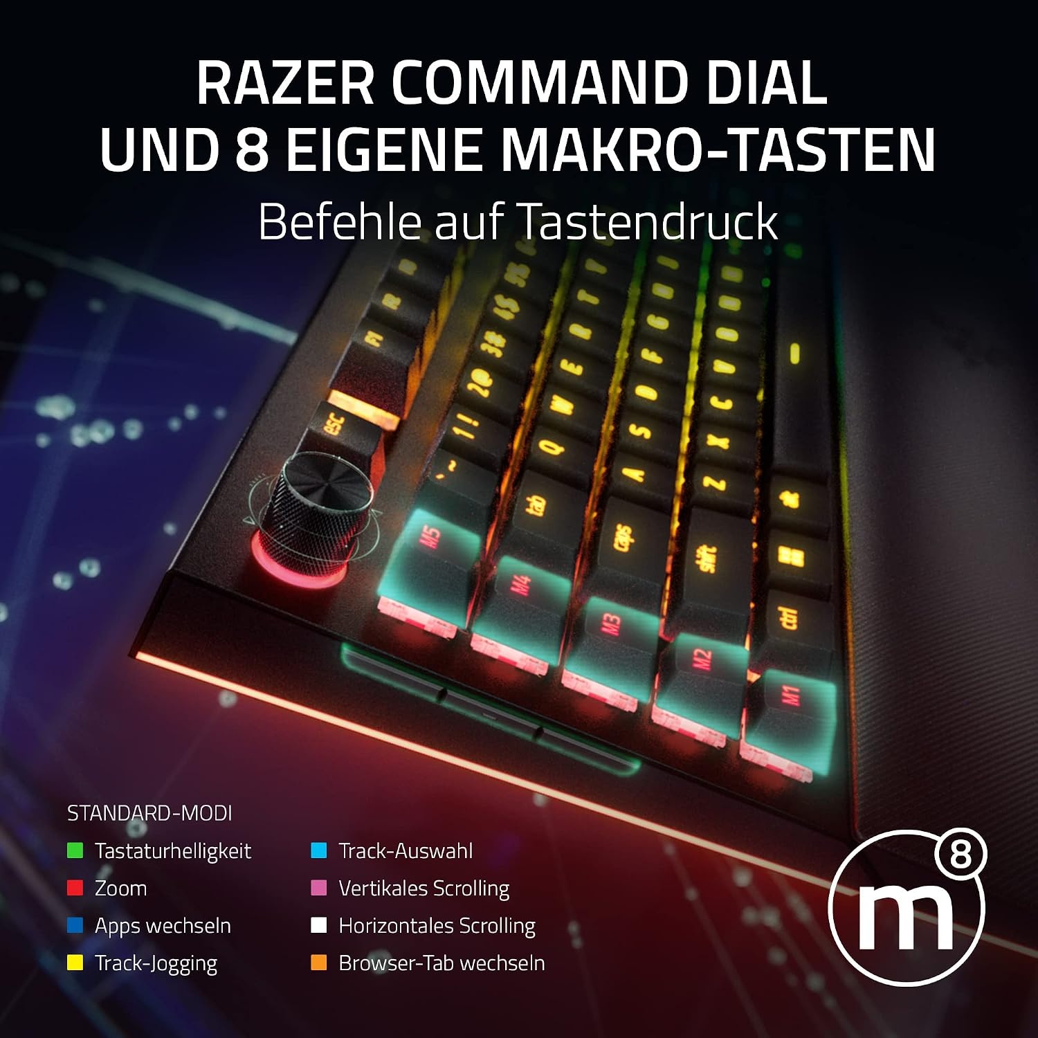Razer BlackWidow V4 Pro (Green Switch) - Mechanisch gamingtoetsenbord (klikkende mechanische schakelaars, opdrachtwiel en 8 macrotoetsen, multifunctionele roller, palmsteun) QWERTY DE-Layout | Zwart