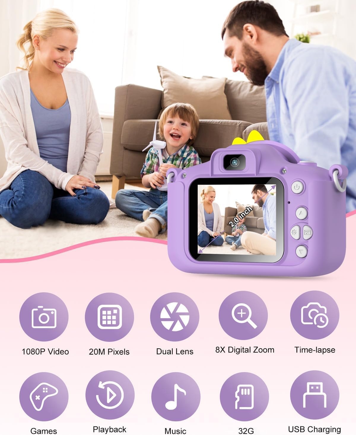 Hangrui Kindercamera, 20MP digitale camera met dubbele lens voor kinderen met siliconen hoesje 2.0 inch IPS-scherm 1080P videocamcorder, 32GB SD-kaart, schokbestendig kindercameraspeelgoed voor jongens en meisjes van 3-12 (paars)