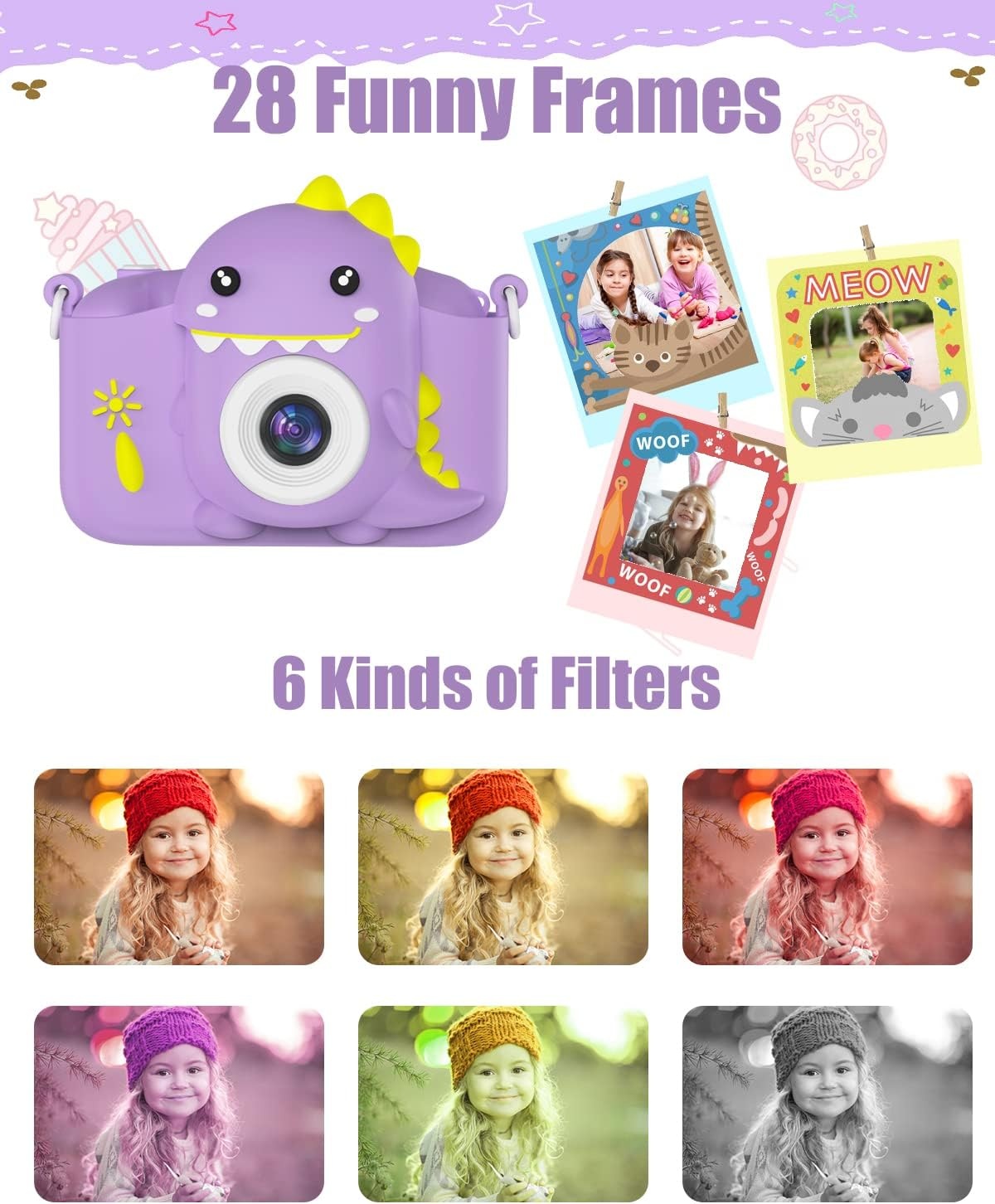 Hangrui Kindercamera, 20MP digitale camera met dubbele lens voor kinderen met siliconen hoesje 2.0 inch IPS-scherm 1080P videocamcorder, 32GB SD-kaart, schokbestendig kindercameraspeelgoed voor jongens en meisjes van 3-12 (paars)