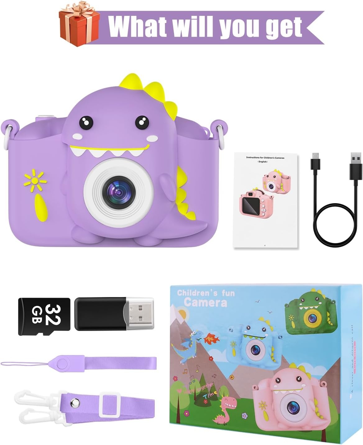 Hangrui Kindercamera, 20MP digitale camera met dubbele lens voor kinderen met siliconen hoesje 2.0 inch IPS-scherm 1080P videocamcorder, 32GB SD-kaart, schokbestendig kindercameraspeelgoed voor jongens en meisjes van 3-12 (paars)