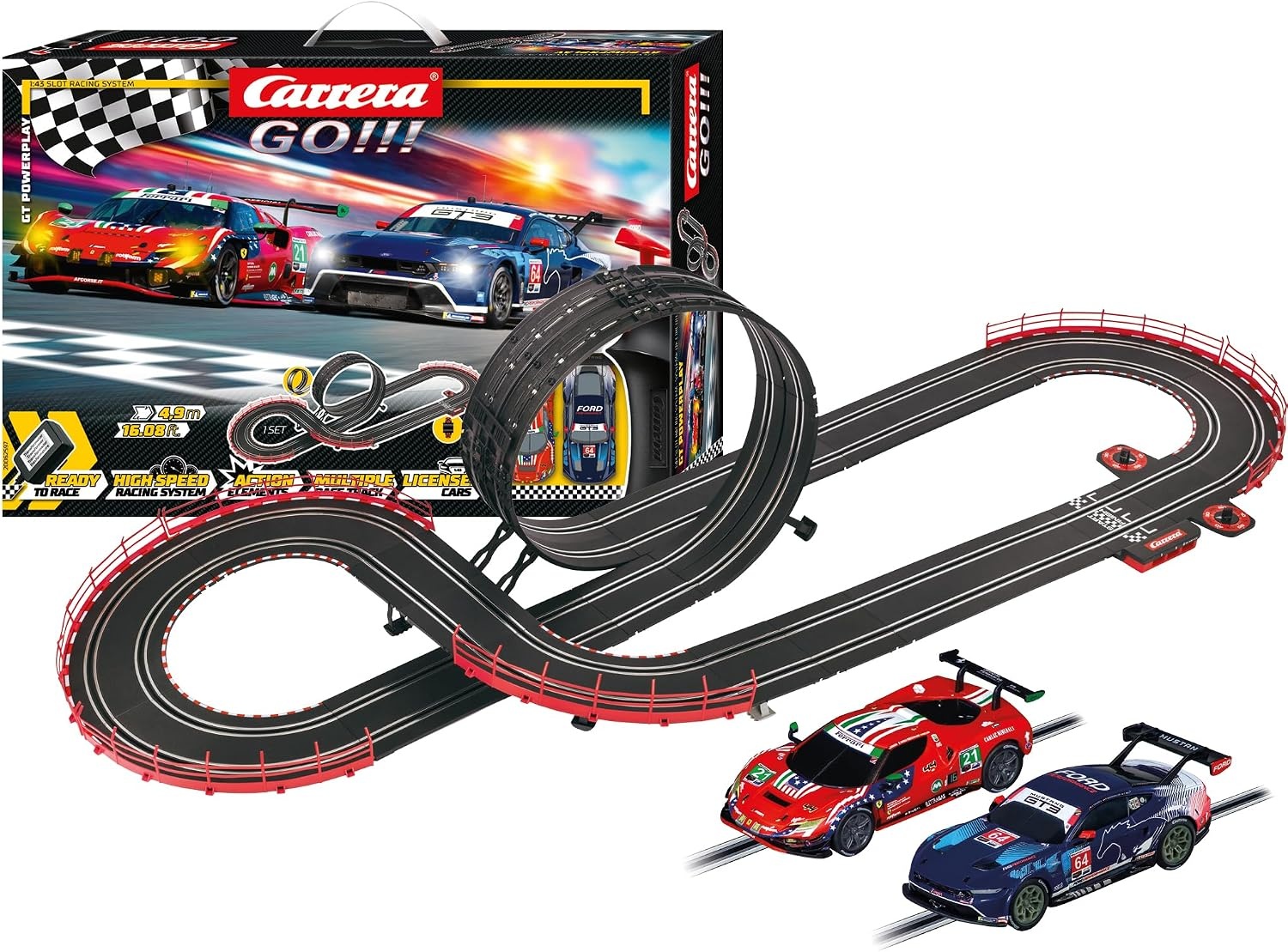 Carrera GO!!! GT Powerplay Autoracebaan met Ford Mustang en Ferrari 296 GT3 - 4,9 meter