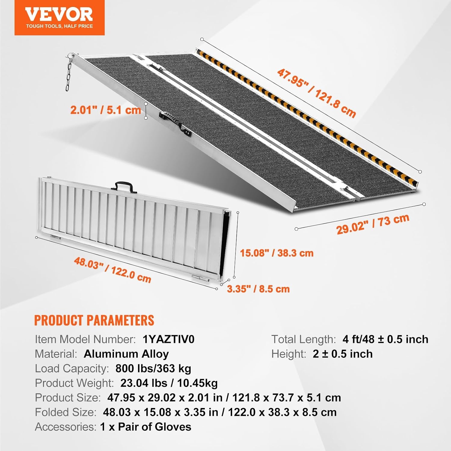VEVOR Rolstoelhelling, capaciteit 363 kg, draagbare opvouwbare drempelhelling van aluminium, antislip, 121,92 cm, voor scooters, gehandicapten, treden, huis, trappen, deuren, randen