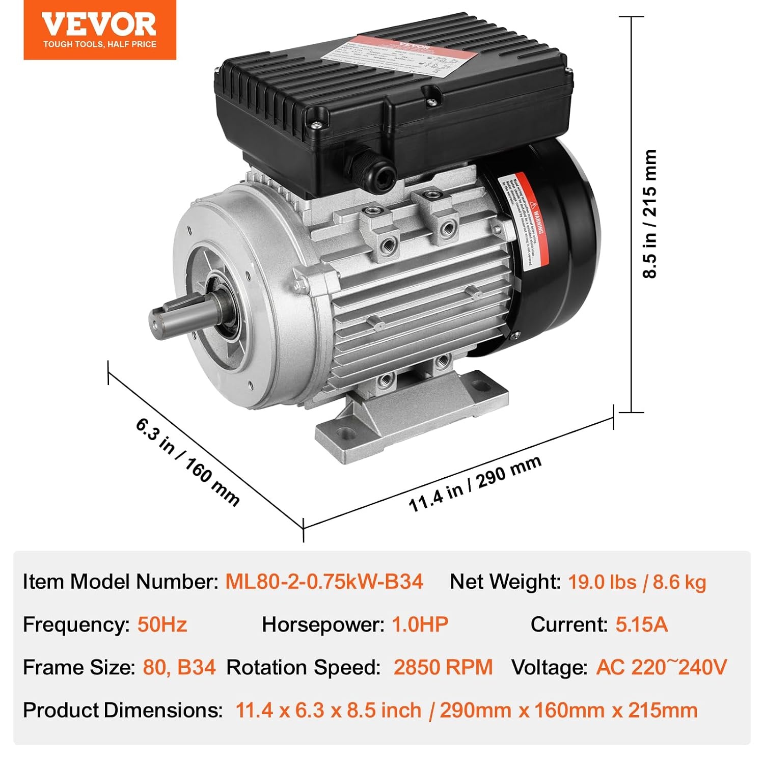 VEVOR Elektrische motor, 2,2 kW, eenfasige luchtcompressormotor, 2800 omw/min, AC 220-240 V, 13,8 A, frame 90L, B3, 24 mm sleutelas, CW/CCW rotatie voor landbouwmachines en apparatuur