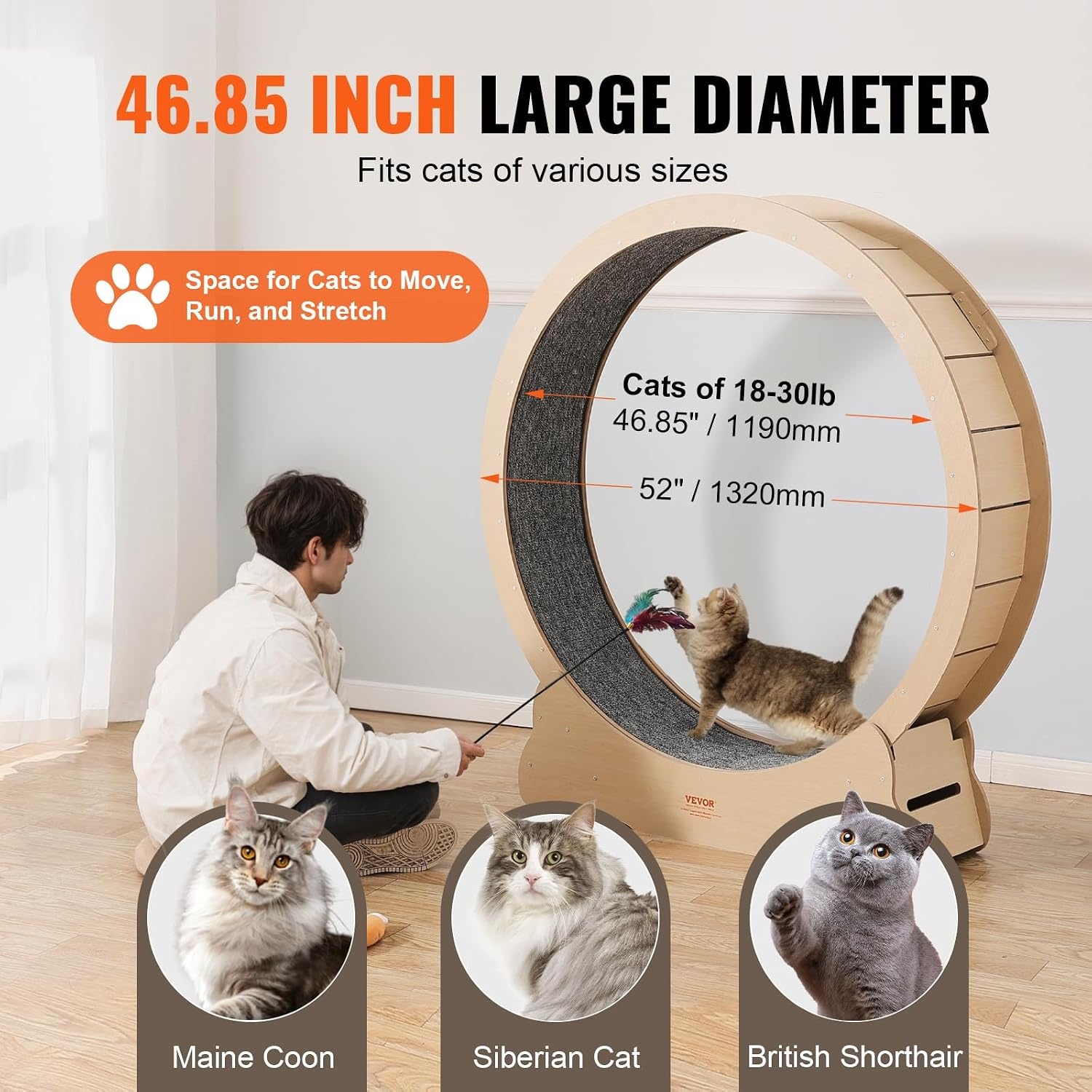 VEVOR Oefenwiel voor katten, 1320 mm, groot loopwiel voor katten, met afneembare loopband, teaser voor katten om te hardlopen, wandelen, training, geschikt voor de meeste katten