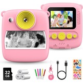 Gofunly Instant kindercamera, 1080p 2,0 inch digitale camera voor kinderen, met 32 GB kaart en fotopapier, kerstcadeau, verjaardag, voor meisjes van 3, 4, 5, 6, 7, 8, 9, 10