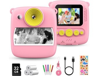 Gofunly Instant kindercamera, 1080p 2,0 inch digitale camera voor kinderen, met 32 GB kaart en fotopapier, kerstcadeau, verjaardag, voor meisjes van 3, 4, 5, 6, 7, 8, 9, 10