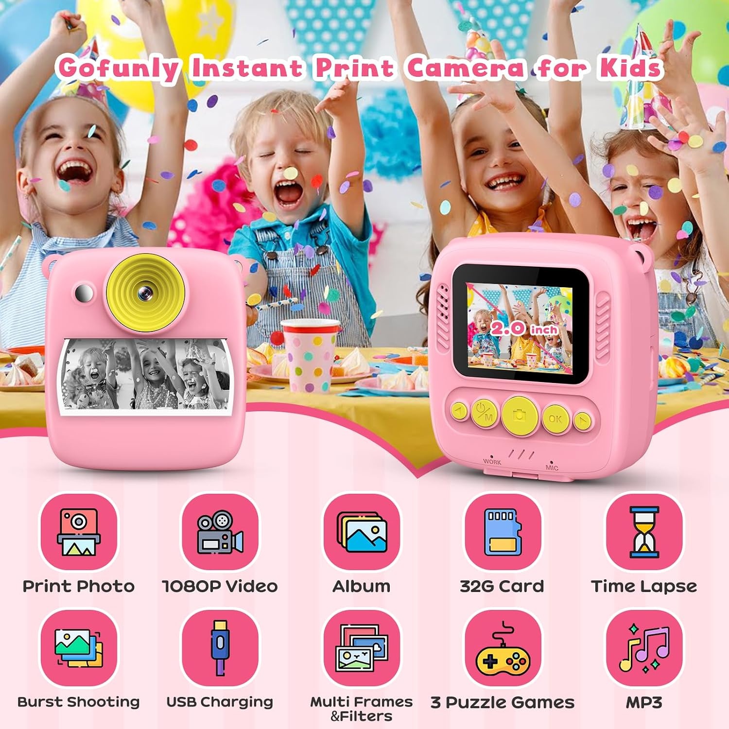 Gofunly Instant kindercamera, 1080p 2,0 inch digitale camera voor kinderen, met 32 GB kaart en fotopapier, kerstcadeau, verjaardag, voor meisjes van 3, 4, 5, 6, 7, 8, 9, 10